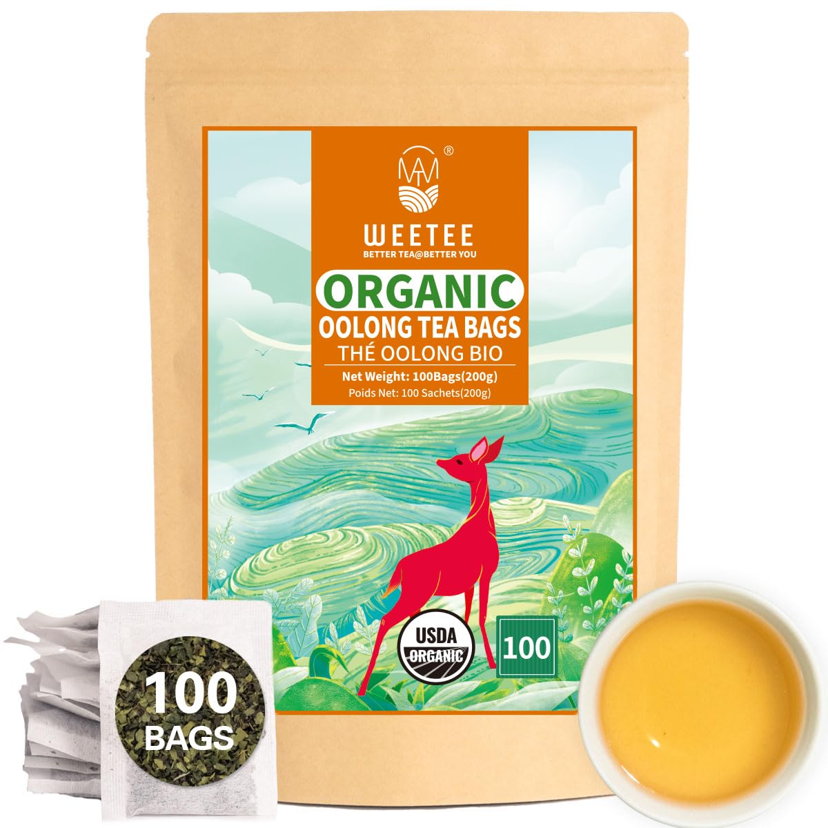 WT WEETEE Organic Oolong Tea Bags, Organic Oolong Tea 100 Count, Mild & Refreshing, Natural Caffein, Unsweetened Healthy Tea bag