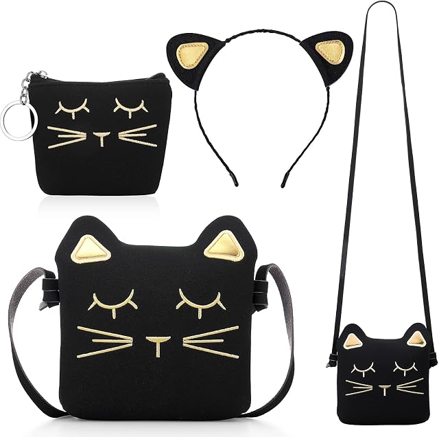 Weewooday 3 Pcs Cat Shoulder Bag Set, Cute Hand Bags Handbag with Mini Coin Purse Cat Headband for Christmas Girl Birthday (Black)