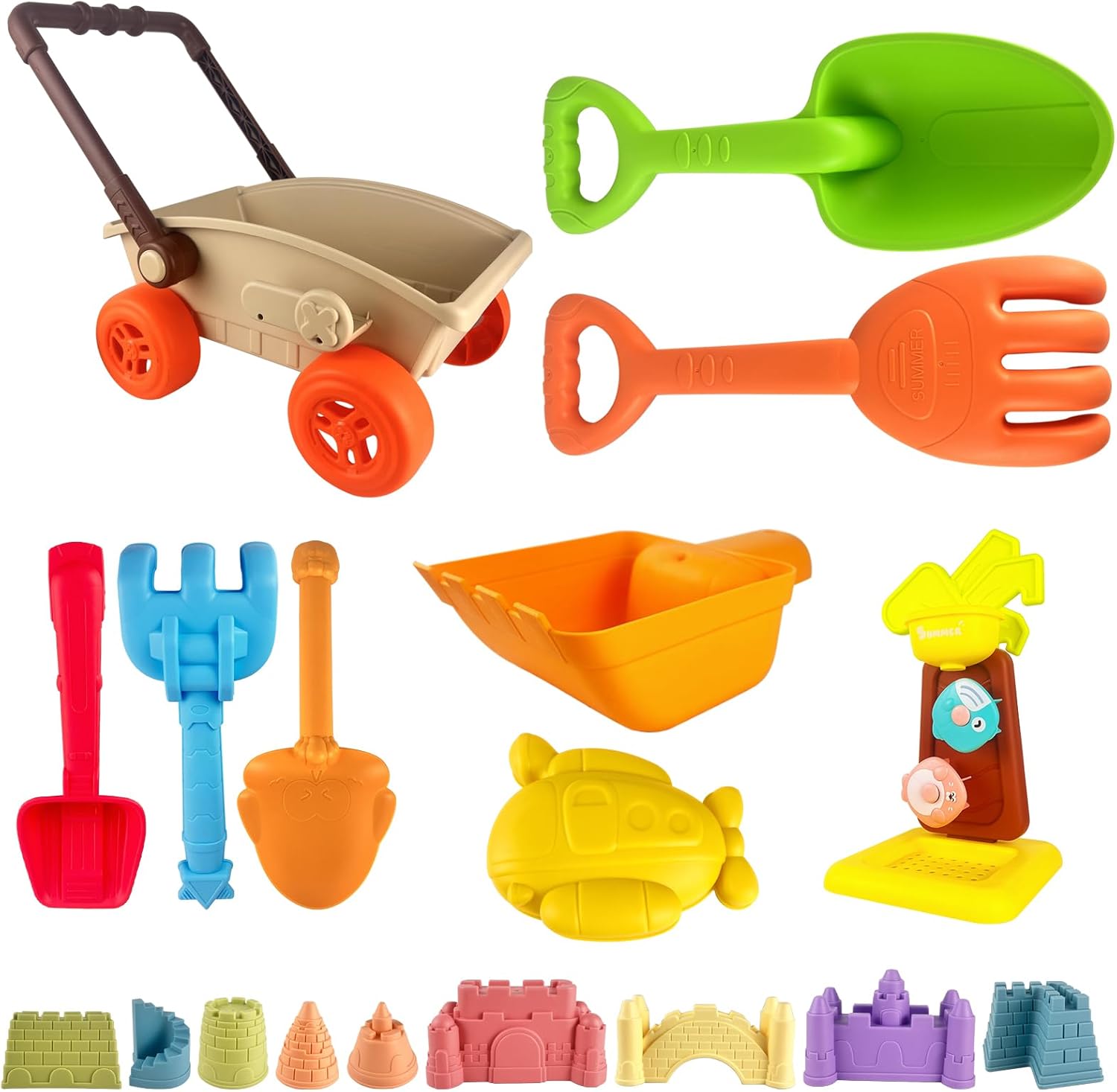 IOKUKI 19 PCS Sand Toys with Extra Large Mesh Bag Including Sand Wagon, Water Wheel, Large Shovels & Rakes, Molds, Castle Kit, Outdoor Beach Toys Tool Set for Kids, Toddlers, Boys and Girls Age 3+