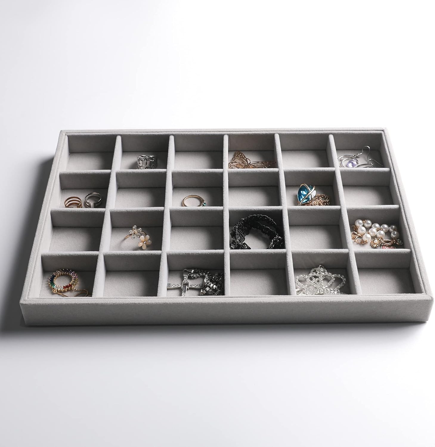 Frebeauty Stackable Velvet Jewelry Organizer Trays for Drawers Inserts Jewelry Storage Tray Display Case Earrings Bracelets Necklace Rings Accessories Trays for Women(Set of 4)(Grey). - Image 4