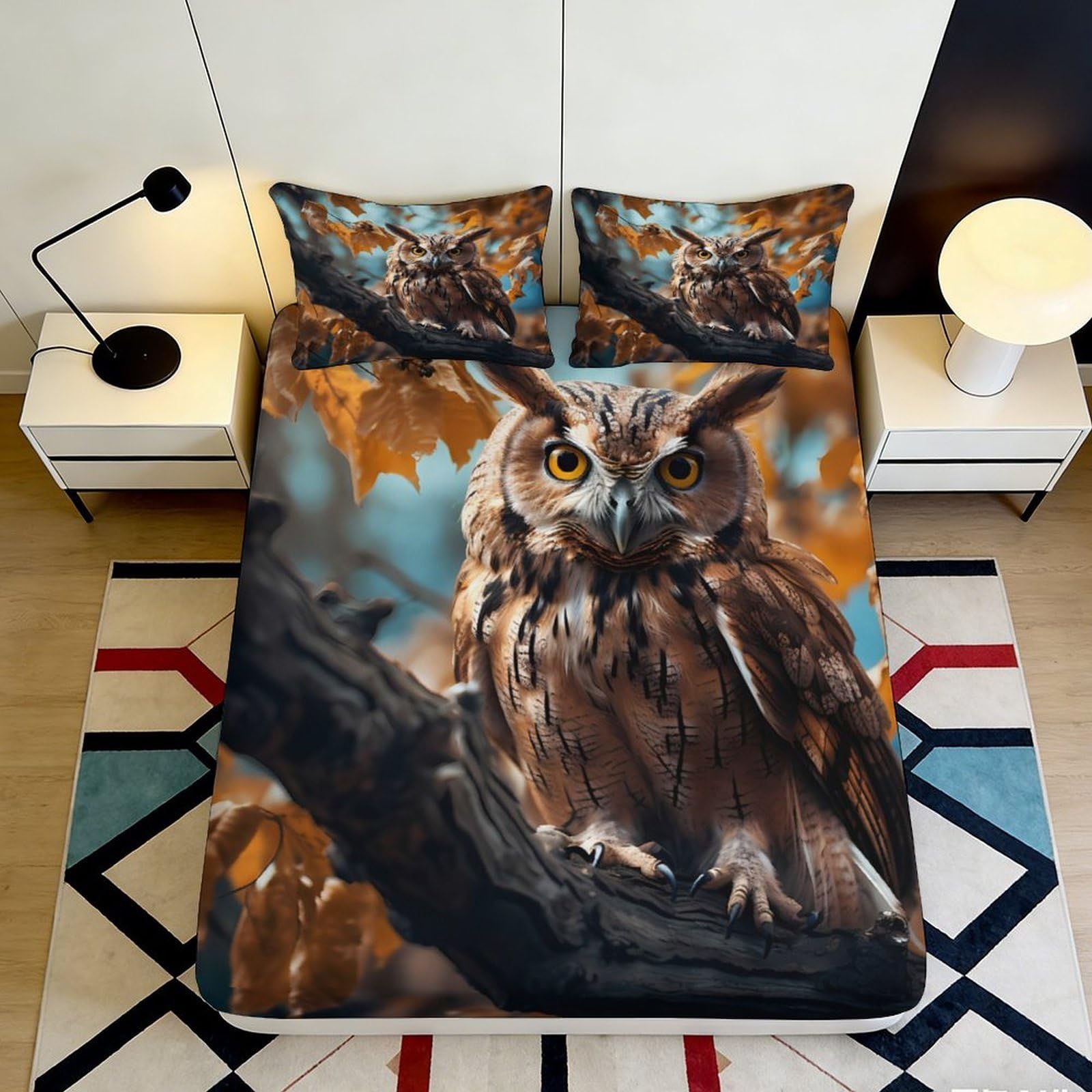 3D Printed Owl Forest Fitted Sheet Microfiber Soft Autumn Leaves Bed Cover for Bedroom Dorm Mattress Protection Decor 180x200x25cm
