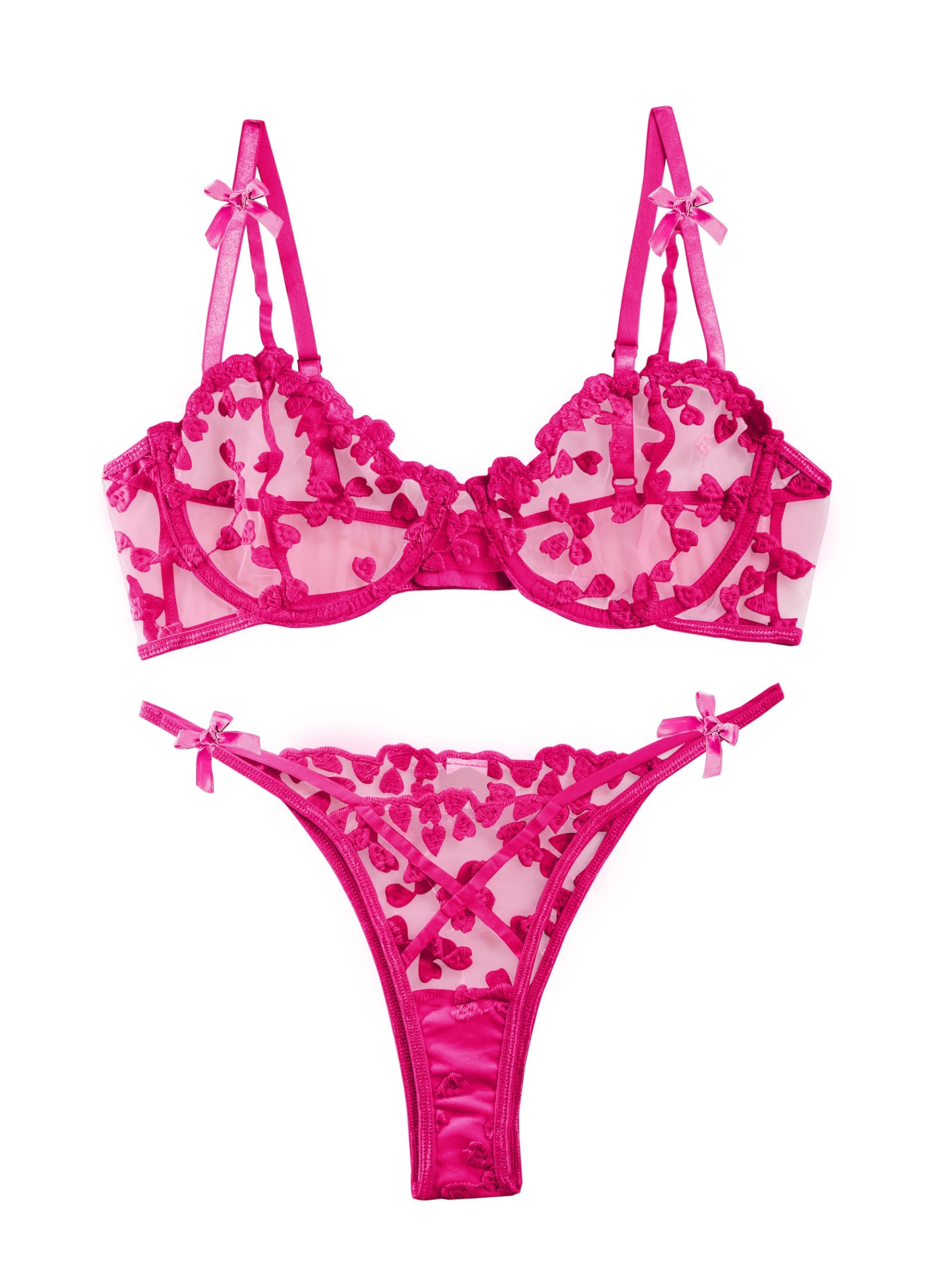 Lilosy Sexy Underwire Cute Push Up Strappy Embroidered Mesh Sheer Lingerie Set See Through Panty Bra: 3X-Large Bow Hot Pink