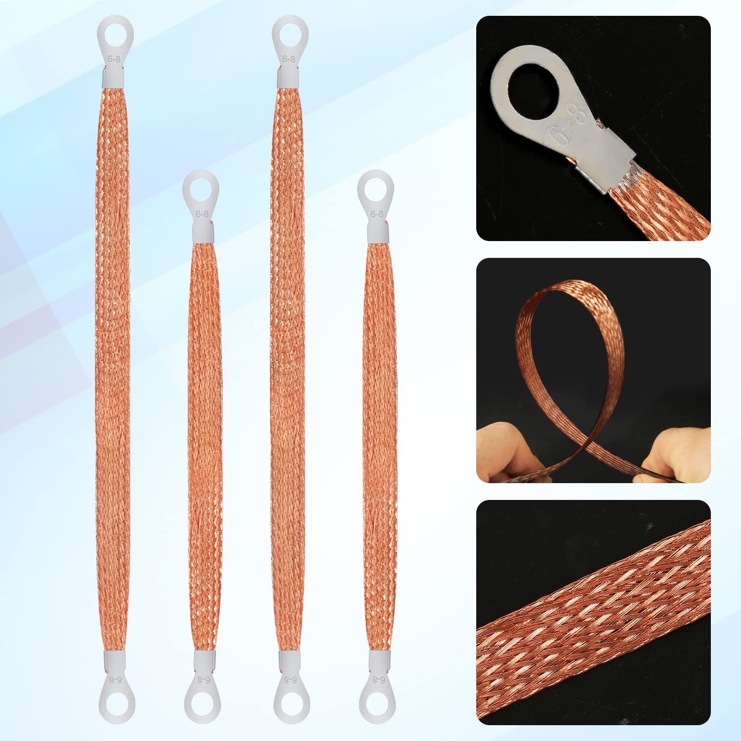 4 Szt. Universal Automotive Grounding Strap, 33cm / 25cm Ground Strap Wire Solidna Tkana Zestaw Samochodowych Pasów Uziemiajacych z 5/16" Zaciskami Pierscieniowymi (Miedz)