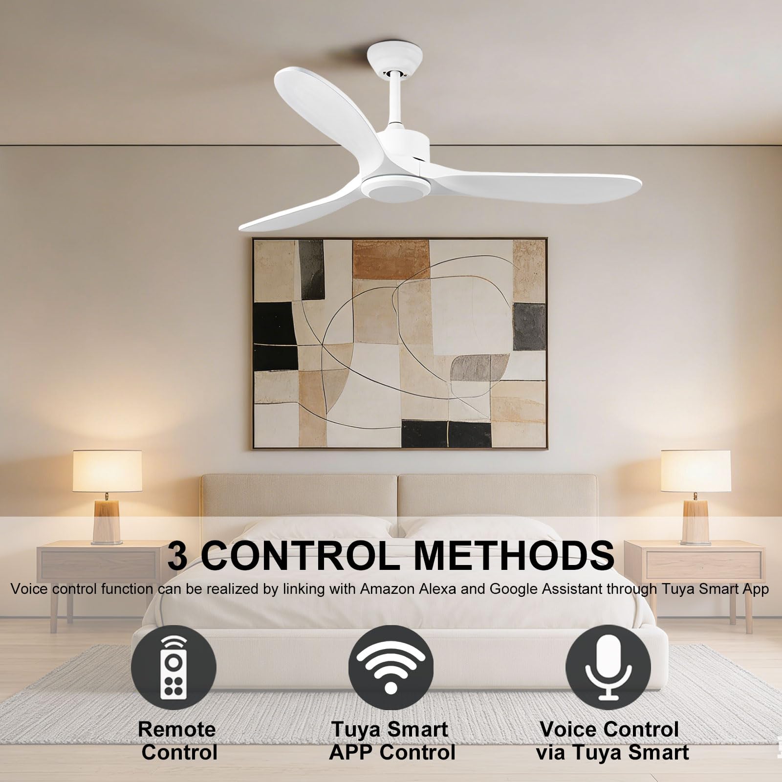 Ventilador de Techo Moderno de Madera sin Luces, Ventiladores Inteligentes con Control Remoto/aplicación/Voz, 6 velocidades, Perfil bajo, silencioso, sin luz, para Dormitorio/casa