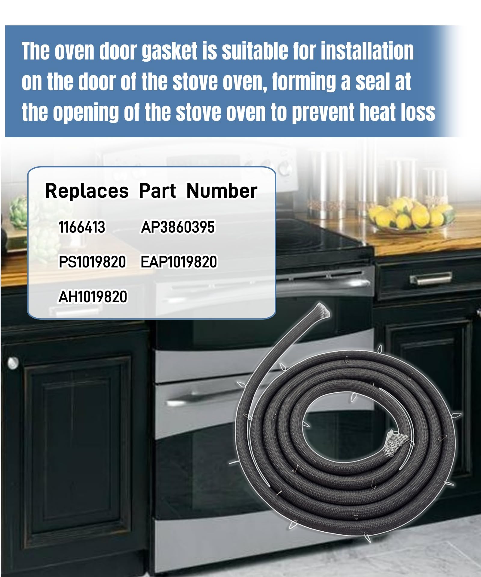 WB04T10050 - Junta de puerta de horno con clips compatible con la mayoría de hornos de gama GE, sello de puerta de rango reemplaza 1166413 AP3860395 PS1019820 EAP1019820 AH1019820 ETC.