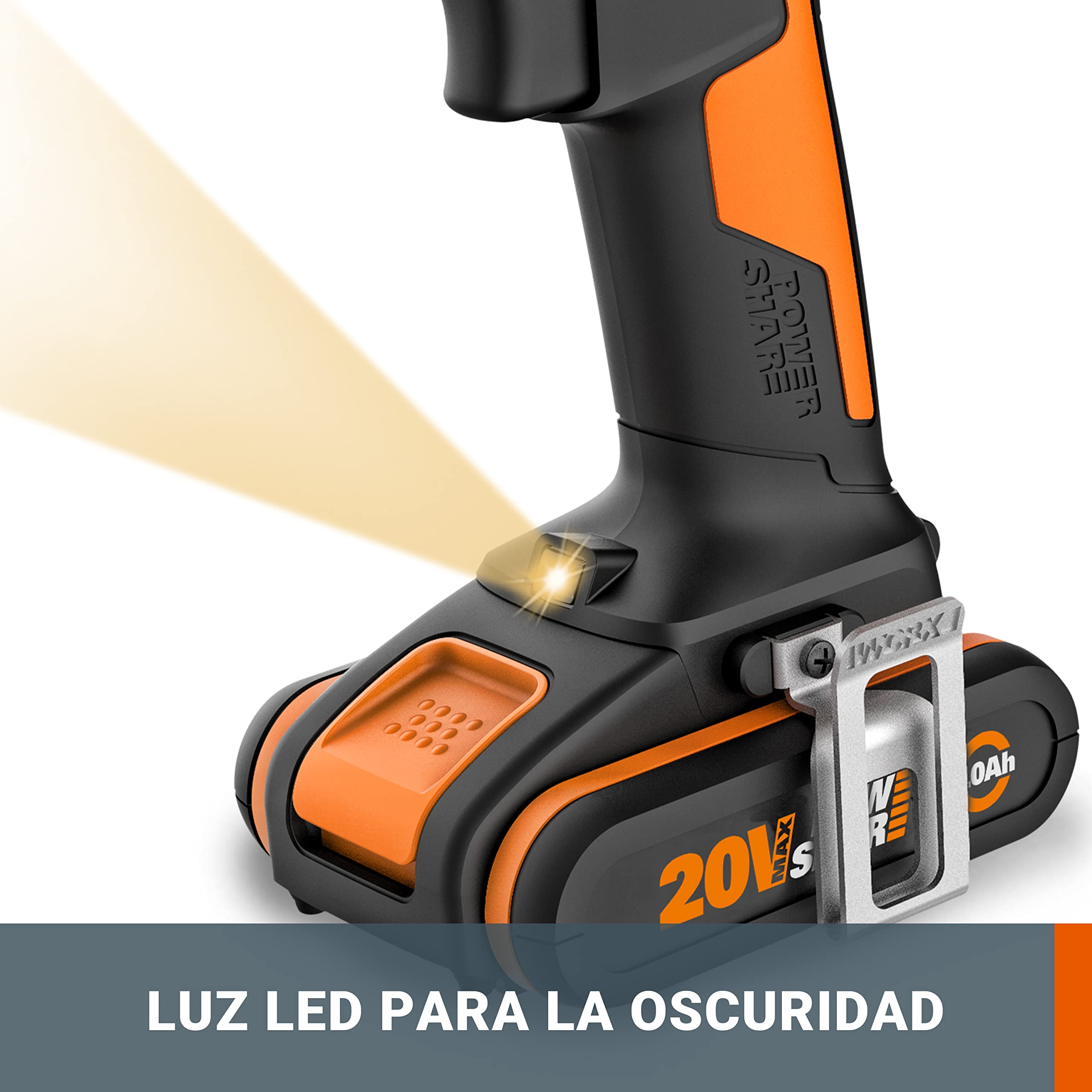 WORX WX100.9 Taladro atornillador 20V, ligero, 2 velocidades, 30Nm, portabrocas de 13mm, para montajes en madera y aluminio en hogar y obra.