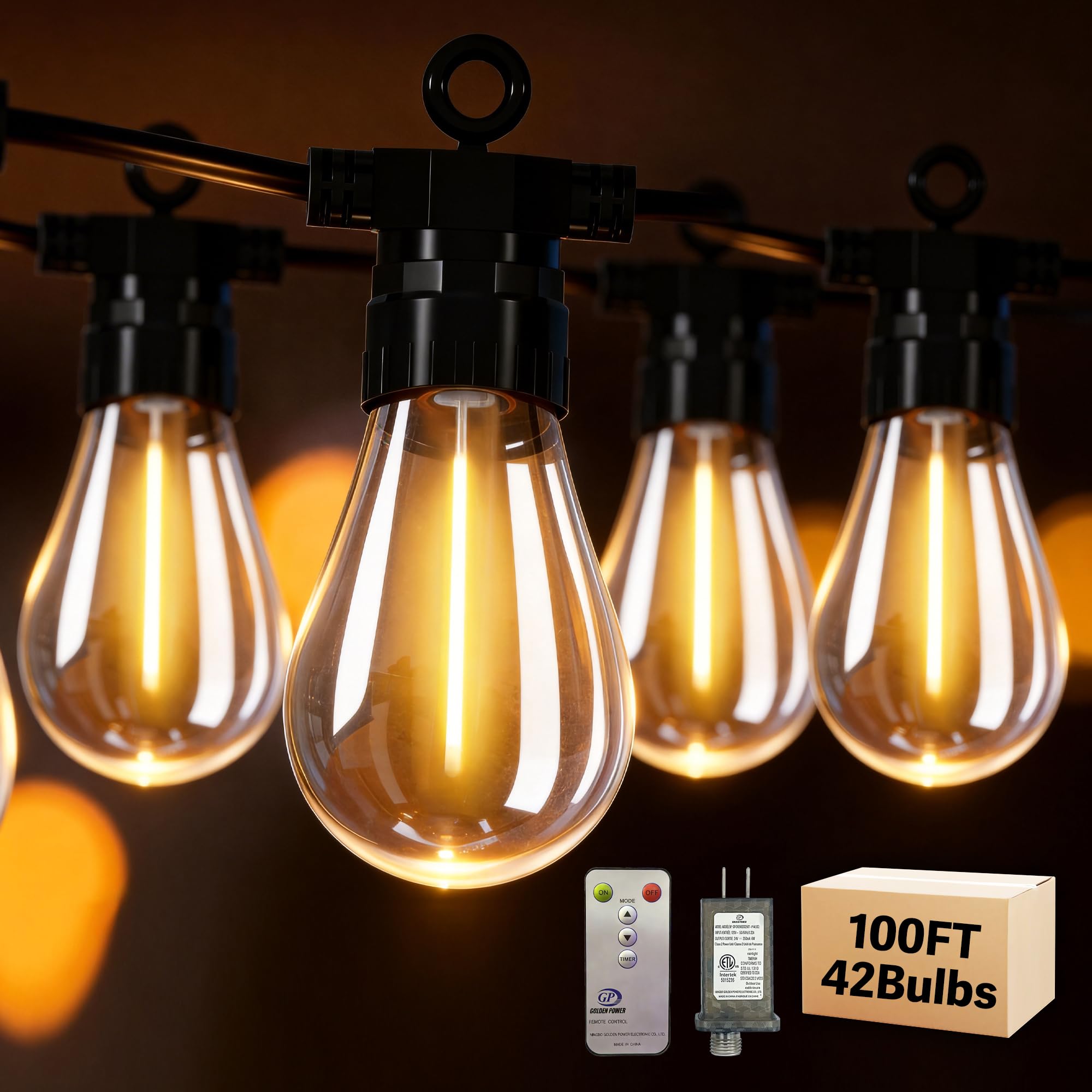 BYIZO 100FT Outdoor String Lights with Remote, 42 Dimmable Shatterproof LED Edison Bulbs, Waterproof Patio & Backyard Lights for Pergola, Deck, Garden, Bistro, Commercial Grade Hanging Lights