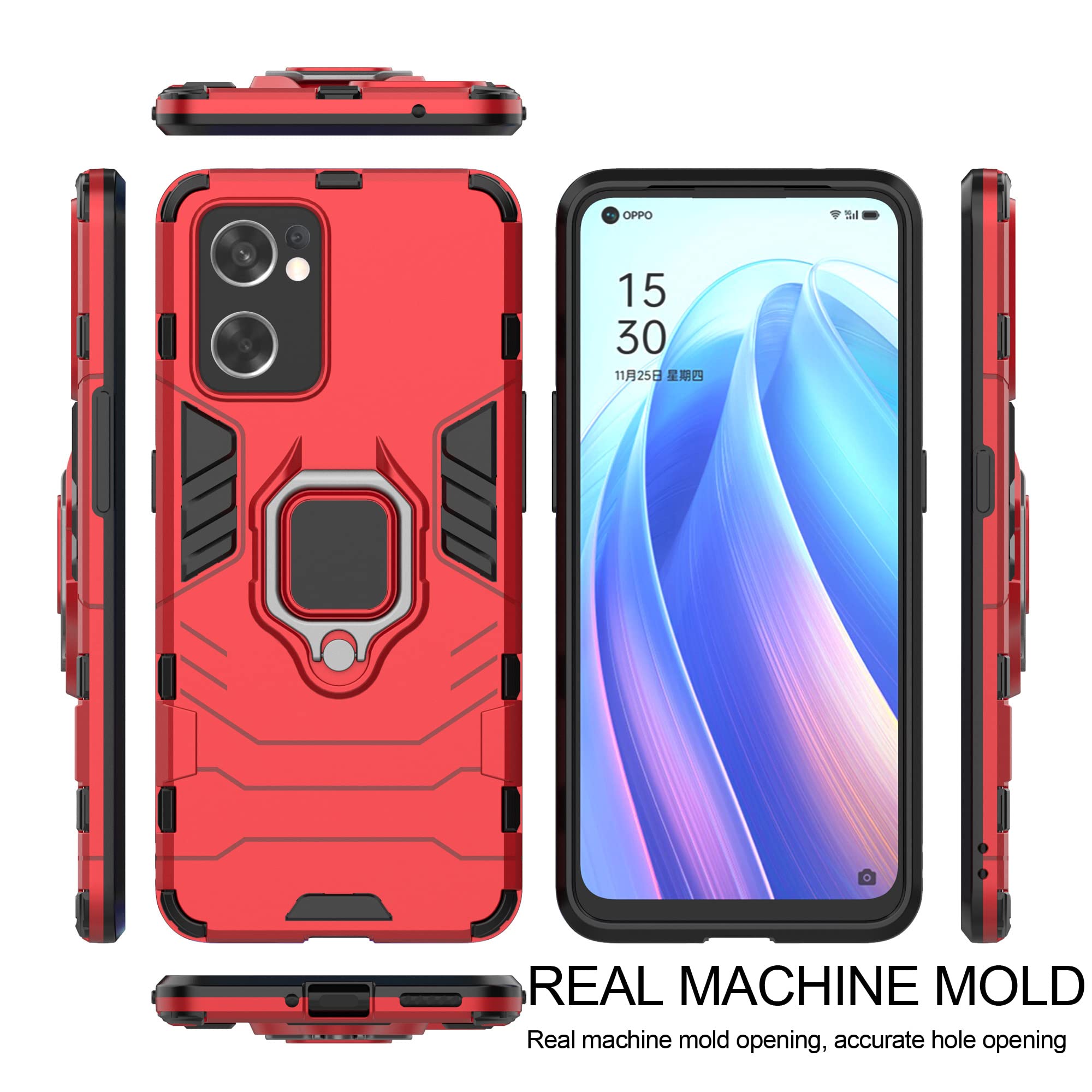 ESTH Custodia Oppo Find X5 Lite / Reno7 5G Rossa + 2 Pellicole Vetro Temperato | Cover Paraurti Con Anello Rotante 360° E Supporto Magnetico