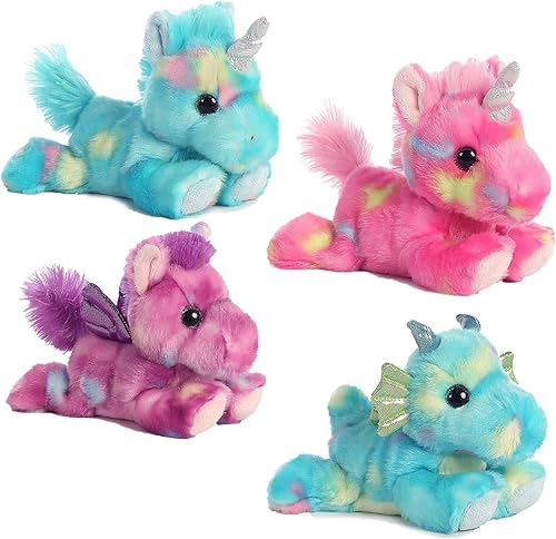 Aurora Bright Fancies - Juego de 4 pufs de peluche unicornio Blueberryripple, unicornio Jellyroll, Tutti Fruitti Pegasus y Sprinkles Dragon