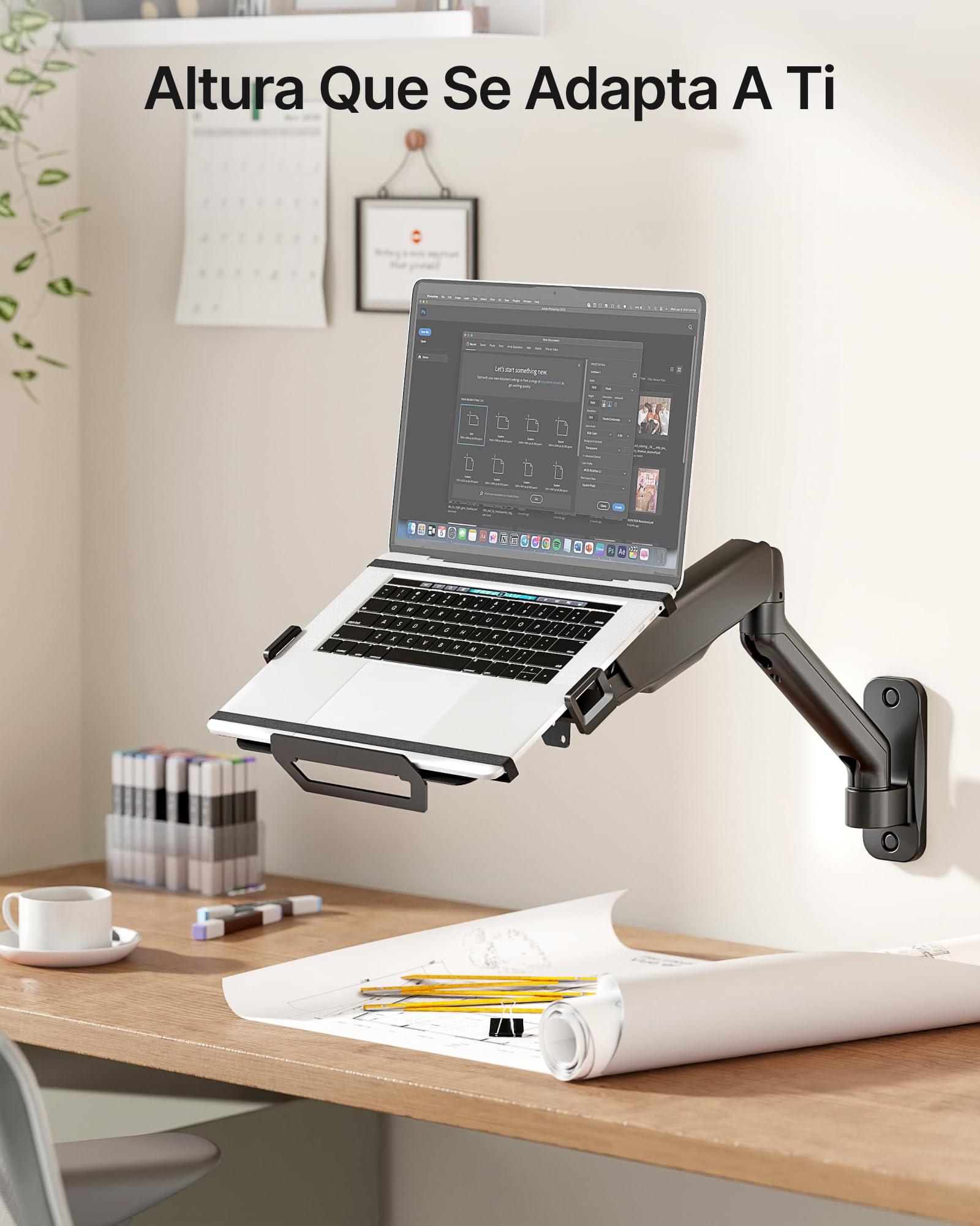 monTEK Soporte Pared 2en1 Monitor 17-32" Portátil 12-18", VESA 75/100 | hasta 9kg，Bandeja portátil ajustable ergonómica, montaje mural sencillo, disipación calor, ideal para oficina y hogar