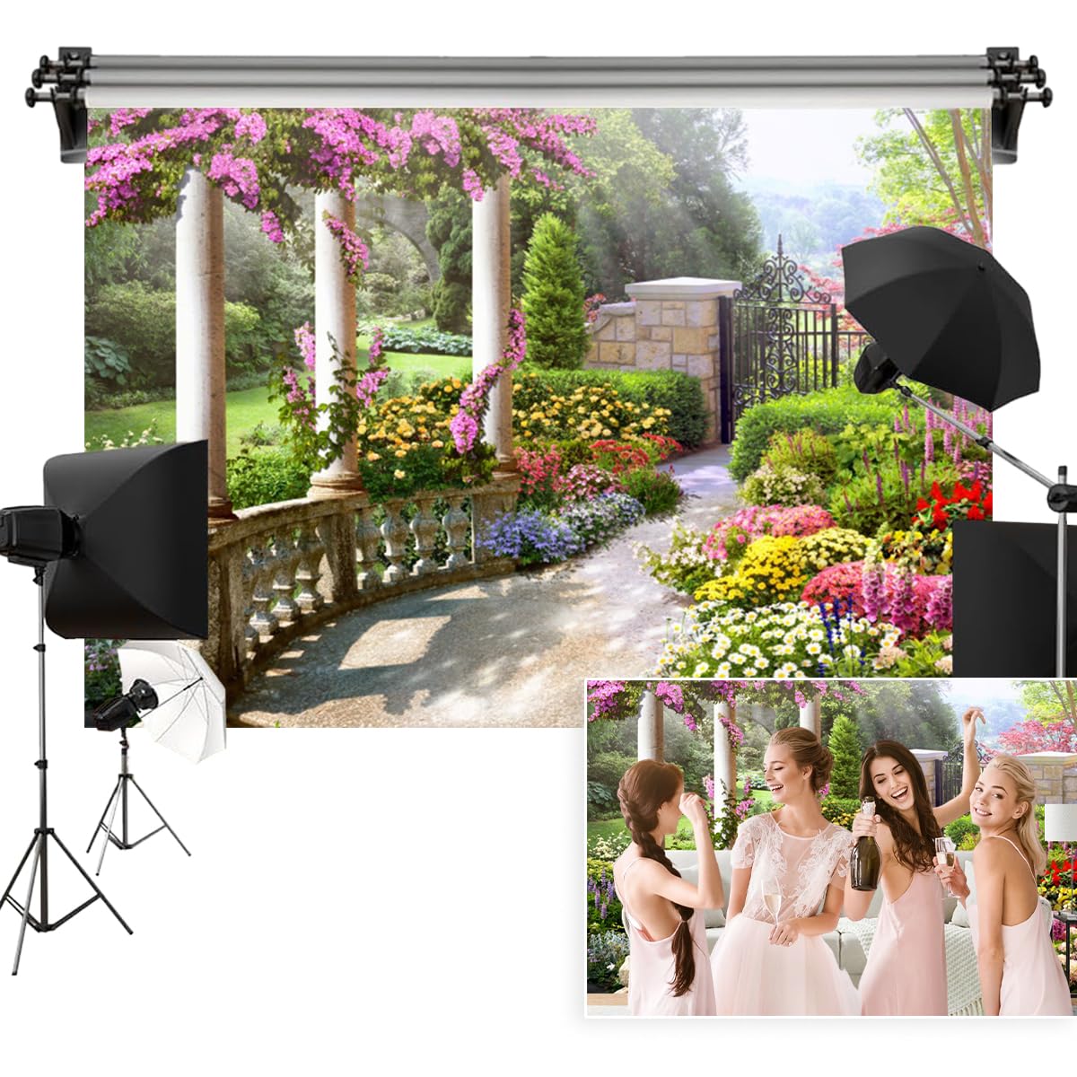 Vie Savaran 7x5ft Flower Garden Backdrop, Blooming Colorful Floral Vintage Architecture Pillars Spring Scenery Photography Background for New Year