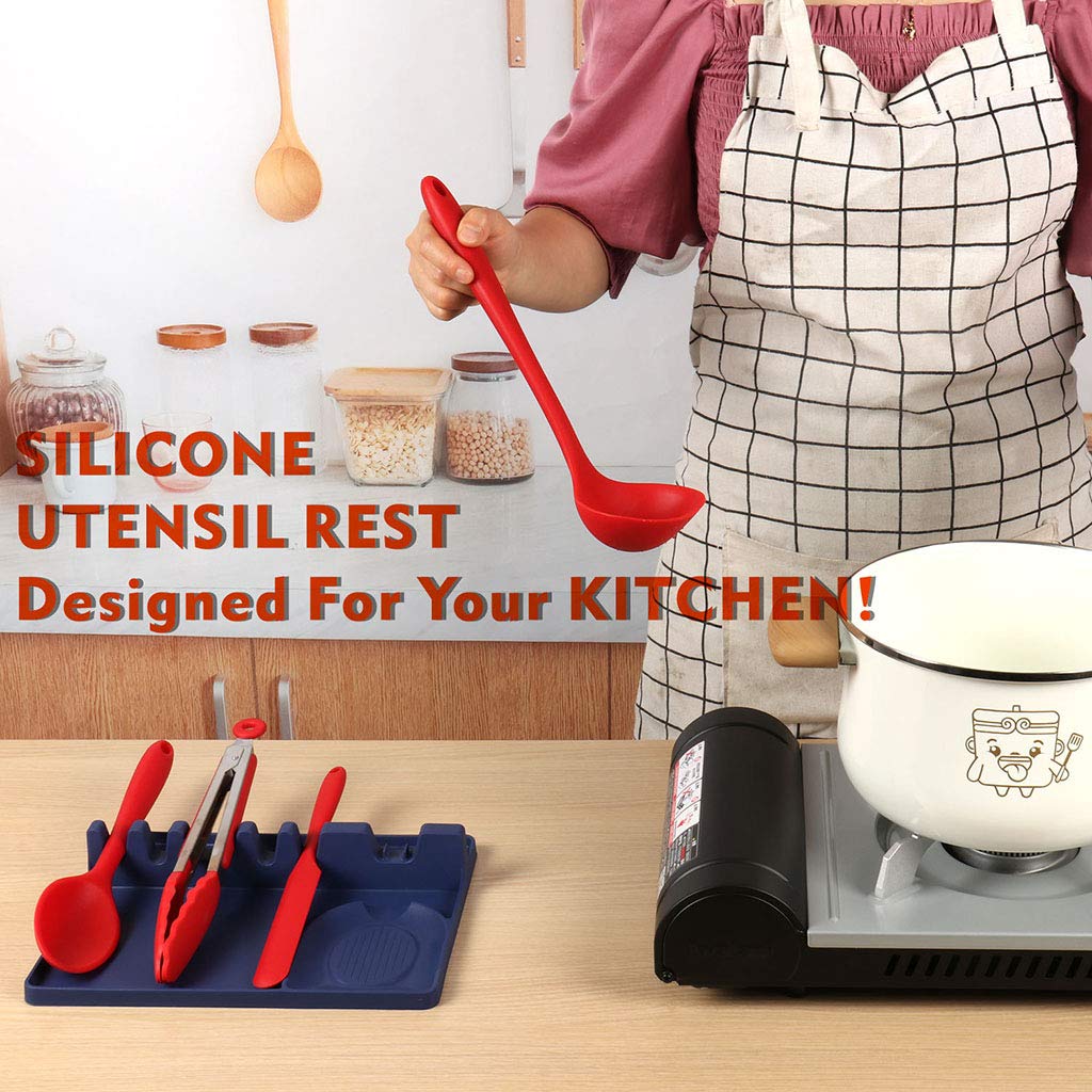 2 In 1 Silicone Spoon Holder For Stove Top Kitchen Cooking Utensil Rest With Drip Pad Include 5 Slots 1 Spoon Holder