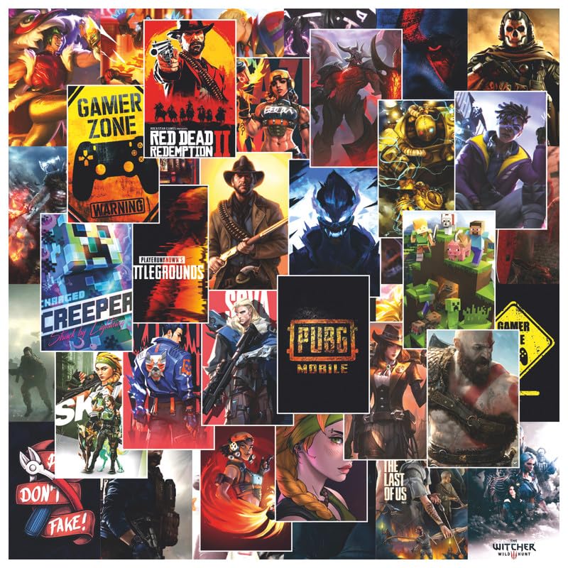 Image of POSTERONN Gaming Aesthetic Wall Collage Kit Set of 54 4x6 Inch Premium Cardstock Posters with Glue Dots Gamer Wall Art for Bedroom Setup Dorm Office Console Theme Room Decoration