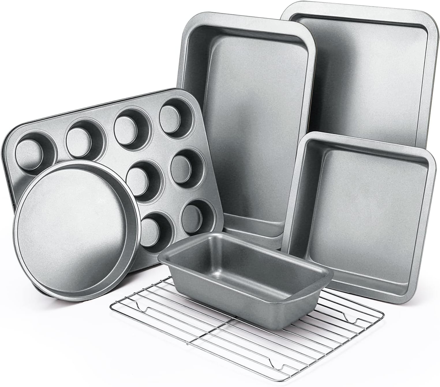 KITESSENSUBaking Pans Sets, Nonstick Bakeware Set 7-Piece with Round/Square Cake Pan, Loaf Pan, Muffin Pan, Cookie Sheet, Roast Pan, Cooling Rack, Carbon Steel Bake Set,Silver