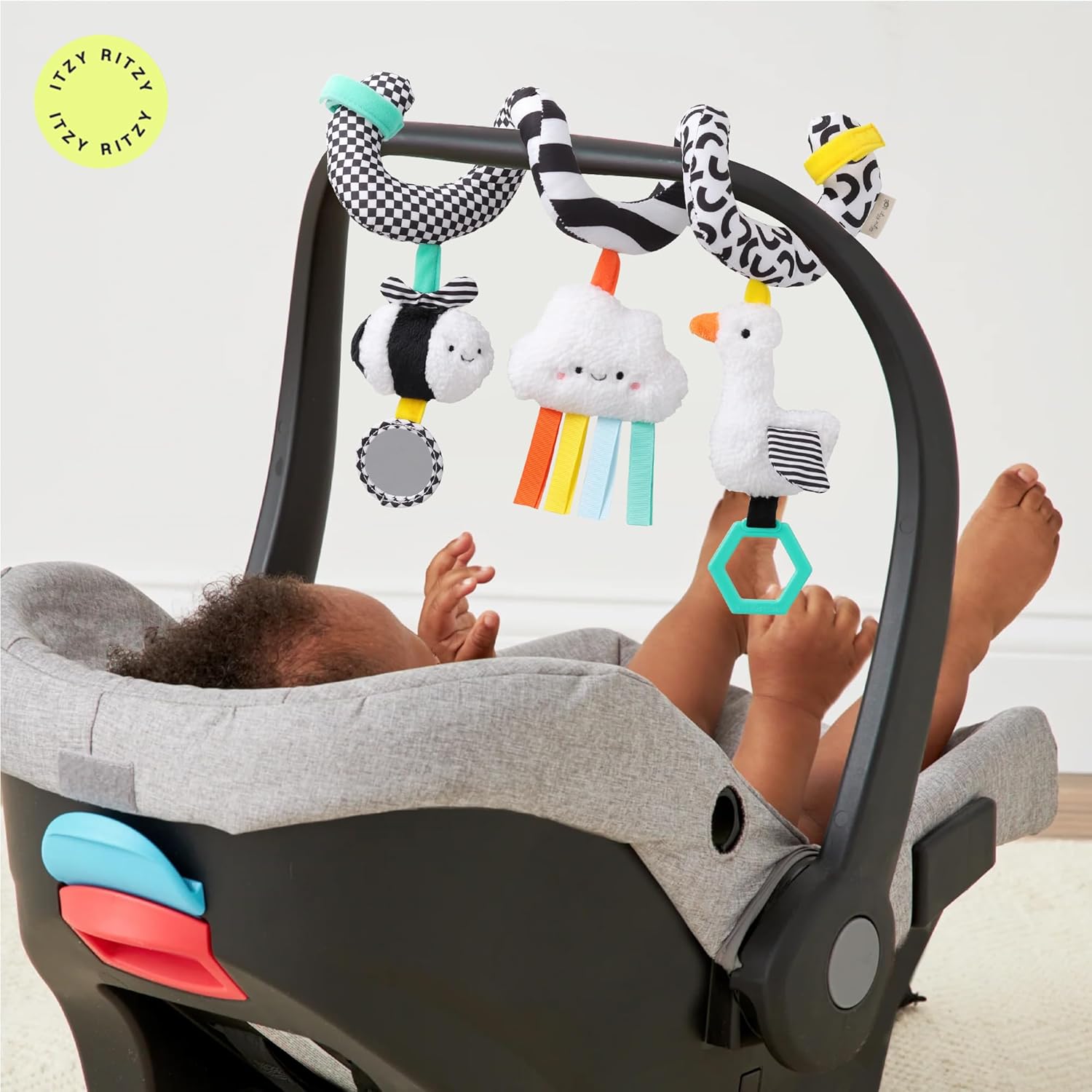 Itzy Ritzy Spiral Car Seat & Stroller Activity Toy - Stroller & Car Seat Toys for Ages 0 Months and Up - Hanging Toys Include Dangling Ring, Mirror and Textured Ribbons (High Contrast)