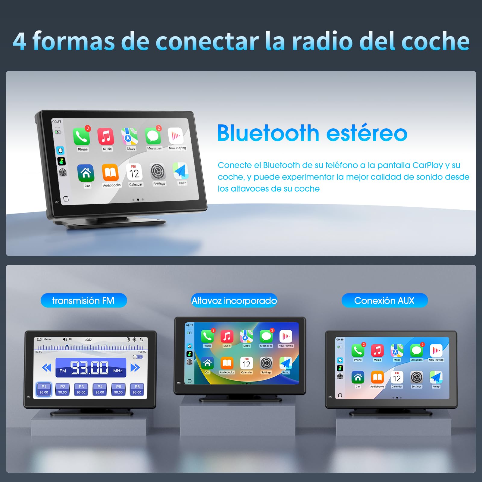 Haudio Pantalla CarPlay 7 Pulgadas para Apple y Android Auto, Estéreo Portátil con Cámara Trasera 1080P, CarPlay Inalámbrico,Control Voz,Mirror Link, Pantalla Táctil Compatible con Todos los Vehículos