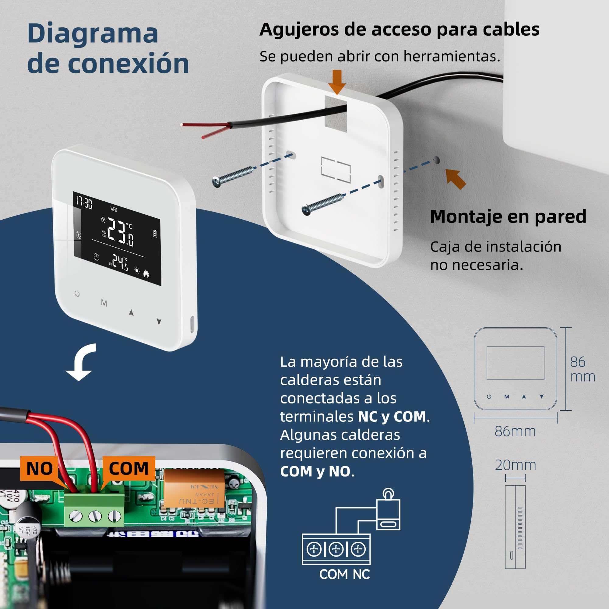 Termostato de 2 Hilos para calderas de Gas, termostato de batería programable Diario, cronotermostato Manual de Ambiente de Pared. No Incluye baterías y el Producto no se Puede conectar a Wi-Fi.