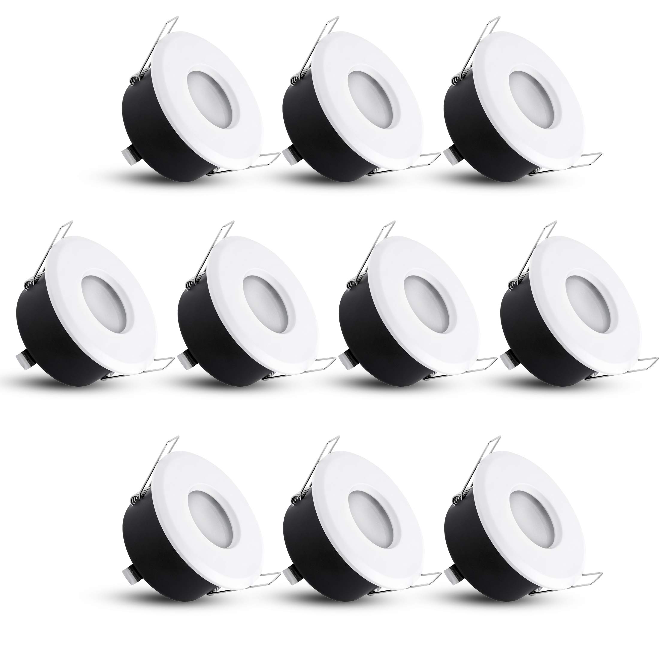 linovum Einbaurahmen 10er Set IP65 weiß rund GU10 Bad Fassung | Zehn Deckenrahmen IP65 weiß matt - mit Milchglas für Bad, Dusche & außen, für GU10, inkl. Fassung (ohne Leuchtmittel)