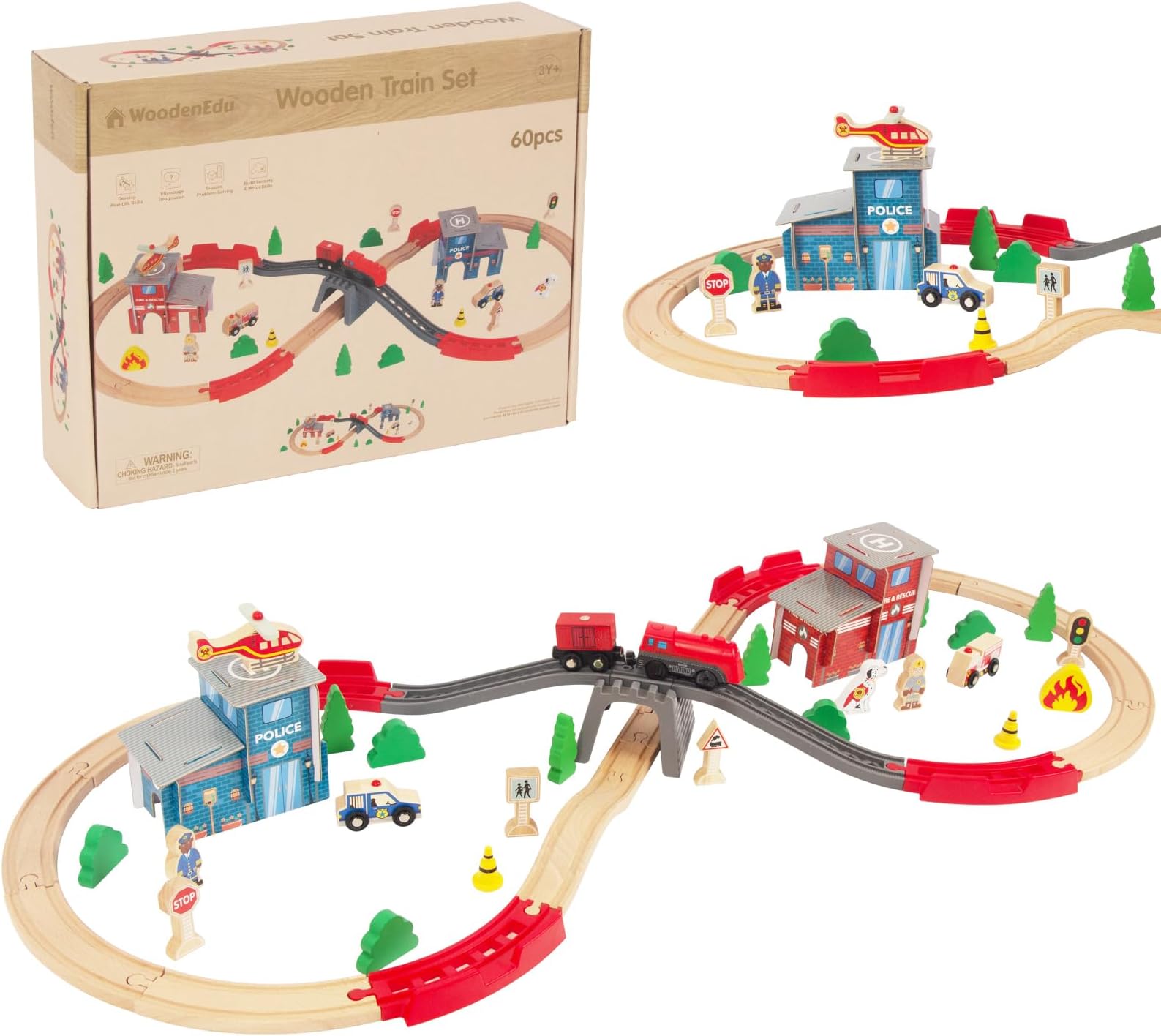 Wooden Train Set for Toddler - 60 Pcs- with Wooden Tracks fits Thomas, fits Brio, fits Chuggington, fits Melissa and Doug - Expandable, Changeable-Train Toy for 3 4 5 Years Old Girls & Boys