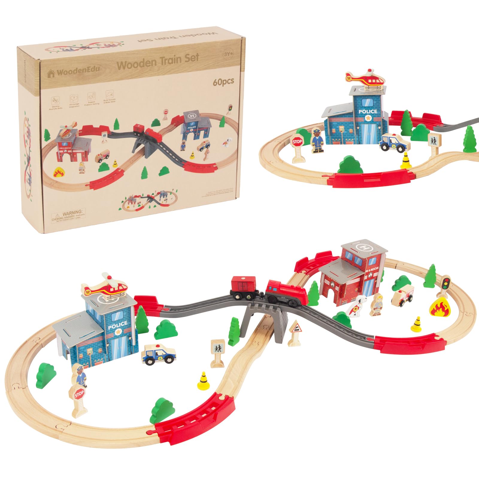 Wooden Train Set for Toddler - 60 Pcs- with Wooden Tracks fits Thomas, fits Brio, fits Chuggington, fits Melissa and Doug - Expandable, Changeable-Train Toy for 3 4 5 Years Old Girls & Boys
