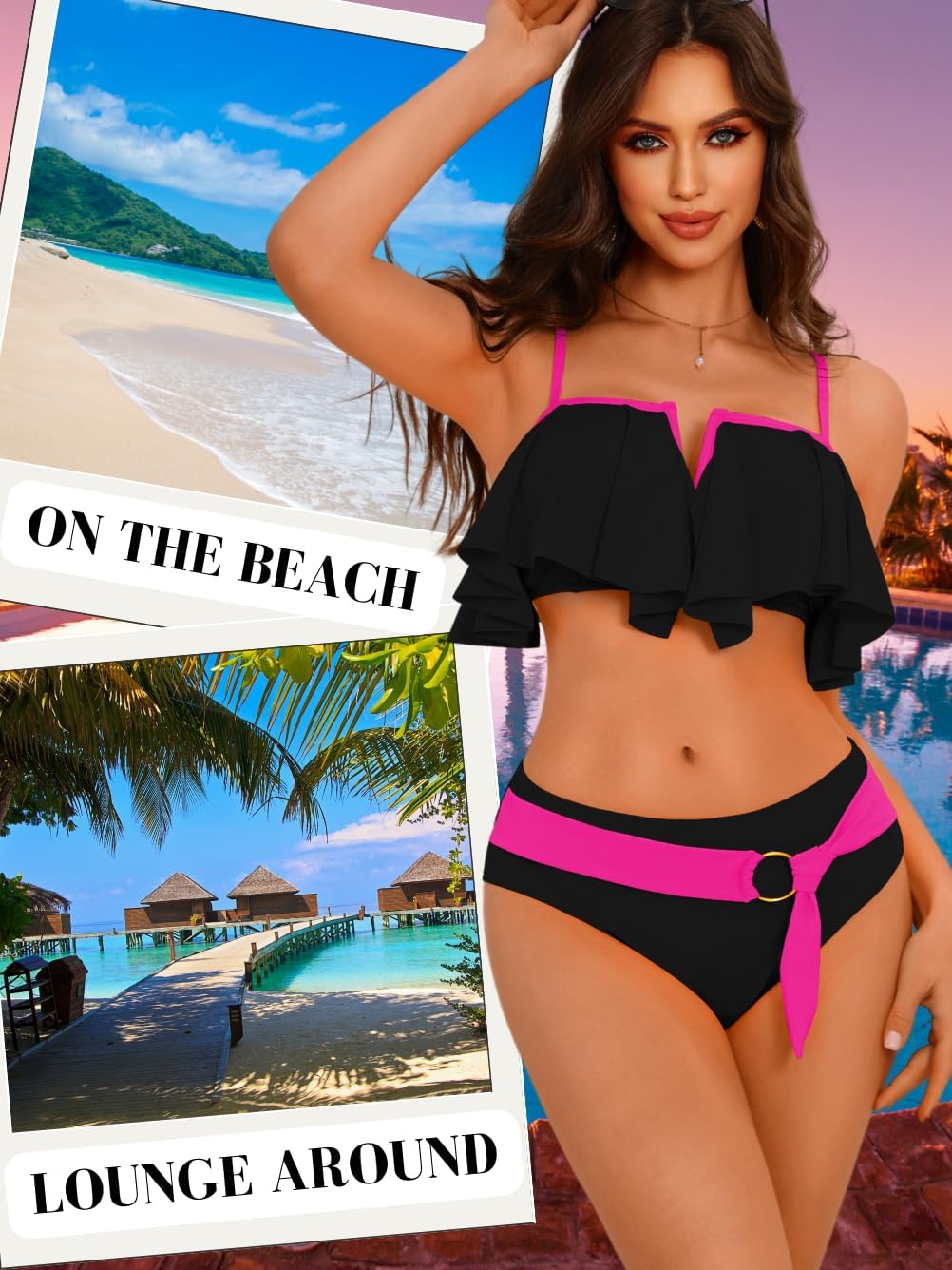 Ruffle V-Wire Bikini Set, Color Block Self-Tie Flowy, Mid Rise Full Coverage Bottom 2 Piece Swimsuit for Women - Image 7