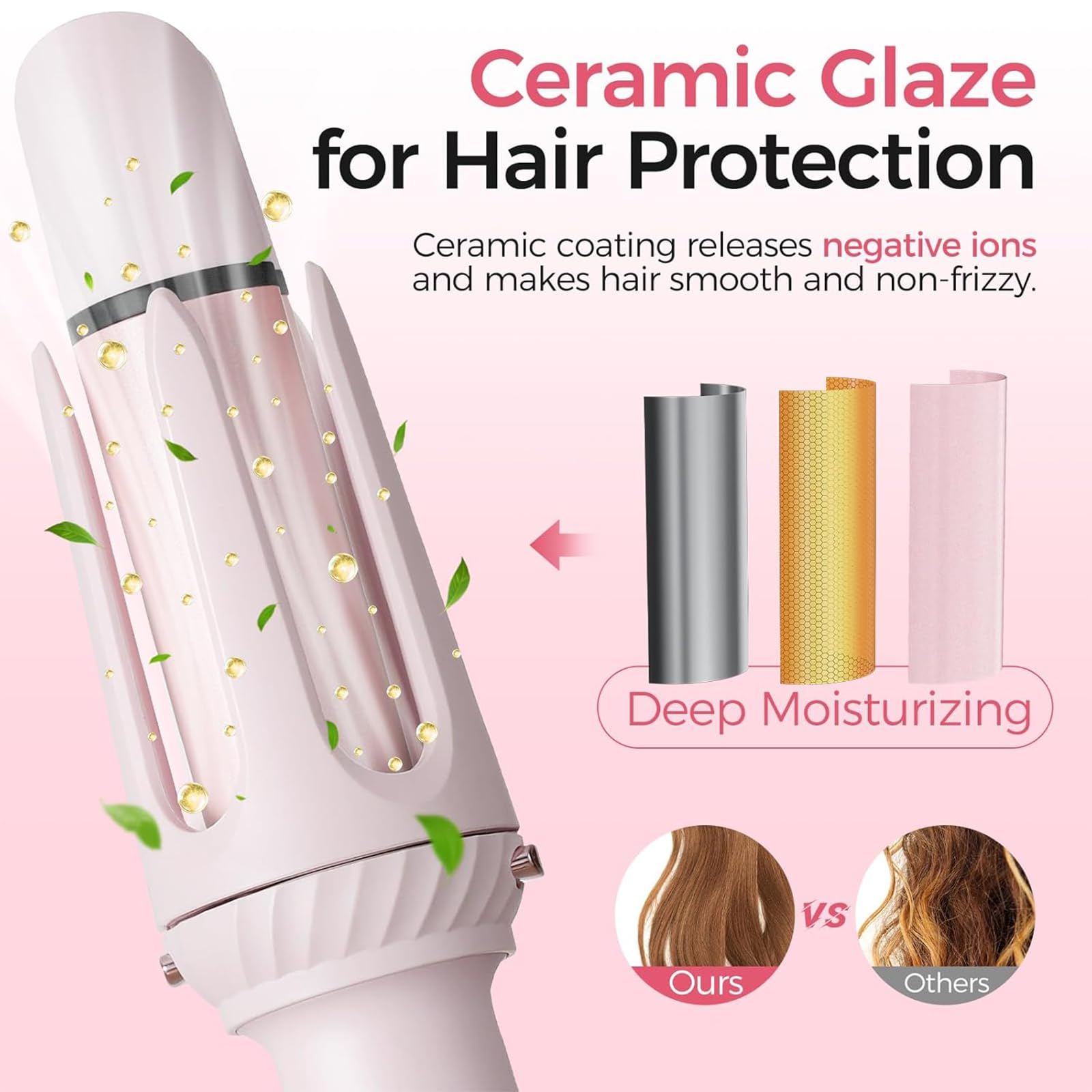 Rizador de Pelo Automático 3 en 1 Rosa - Recubrimiento de Cerámica Hielo, Calentamiento Rápido 30s, 5 Temperaturas (160°C-200°C), Apagado Automático 40min, Alerta Sonora, color rosa