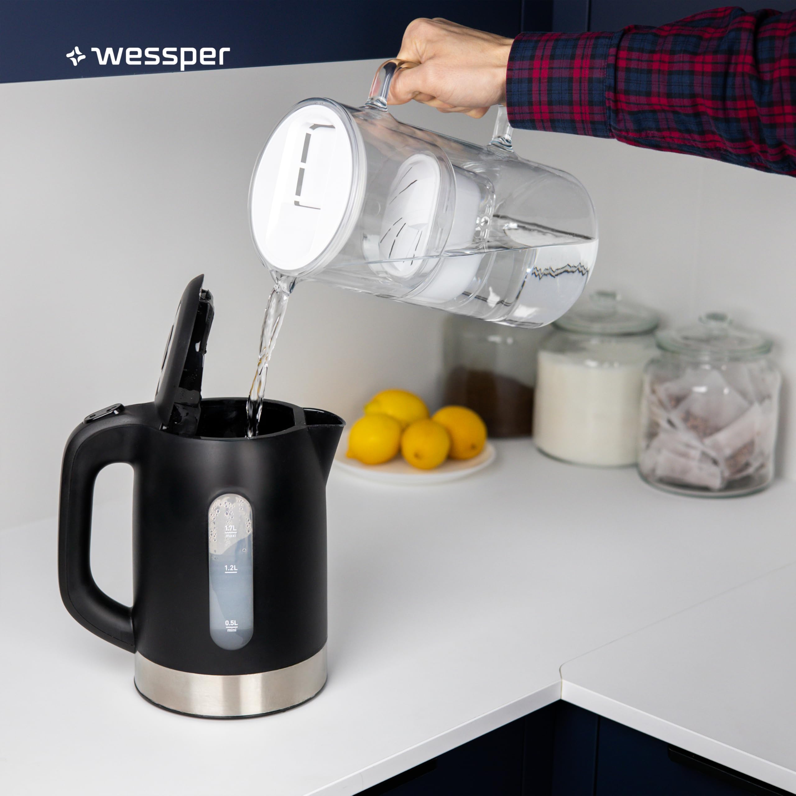 Wessper Wasserfilter Kanne Glas 3 L, Set Wasserkanne und 2 Filterkartuschen, Kompatibel mit Brita Maxtra, Wasserkaraffe für Trinkwasser mit Ersatz Filter - Weiß