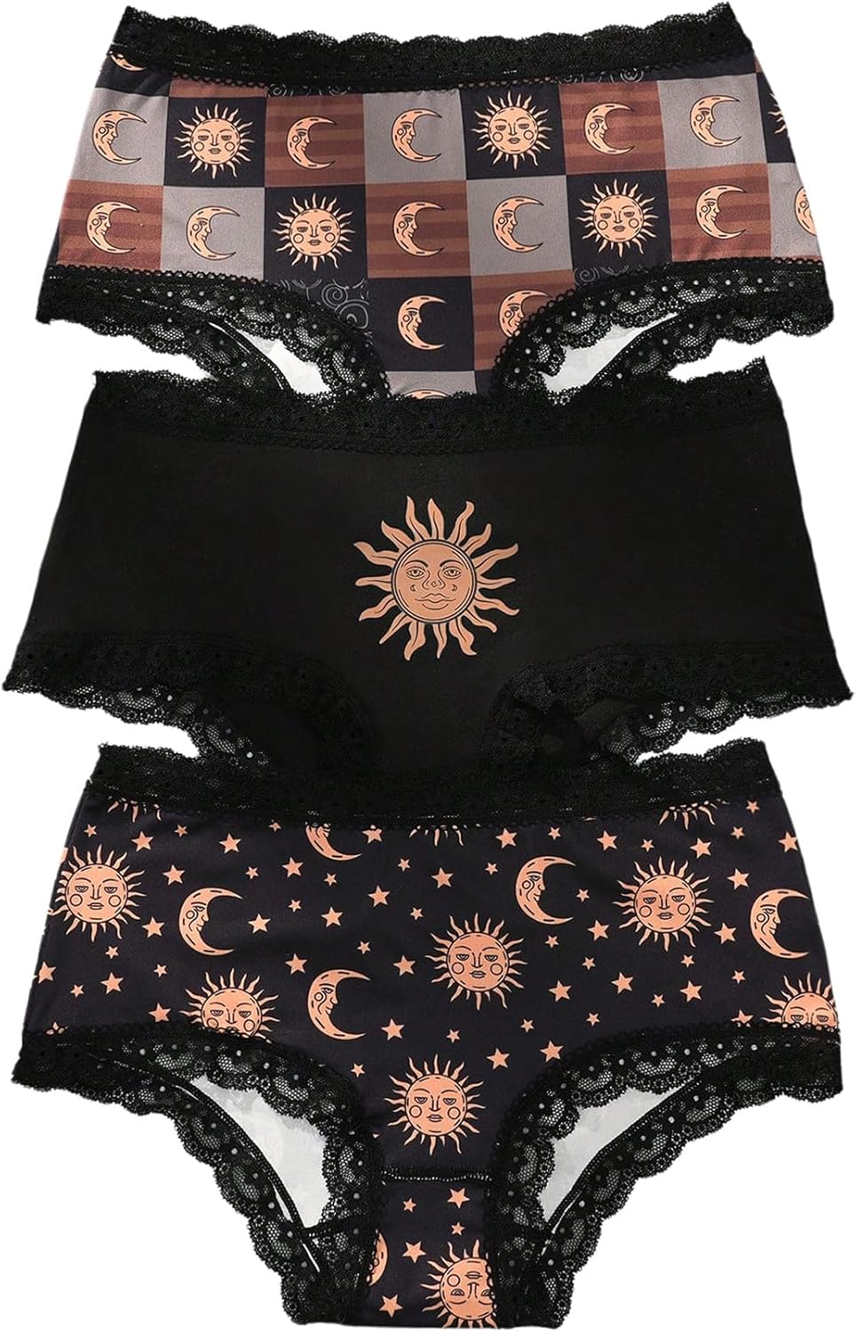 WDIRARA Women's 3 Pack Set Gothic Graphic Print Panties Lace Trim Mid Rise Underwear Briefs