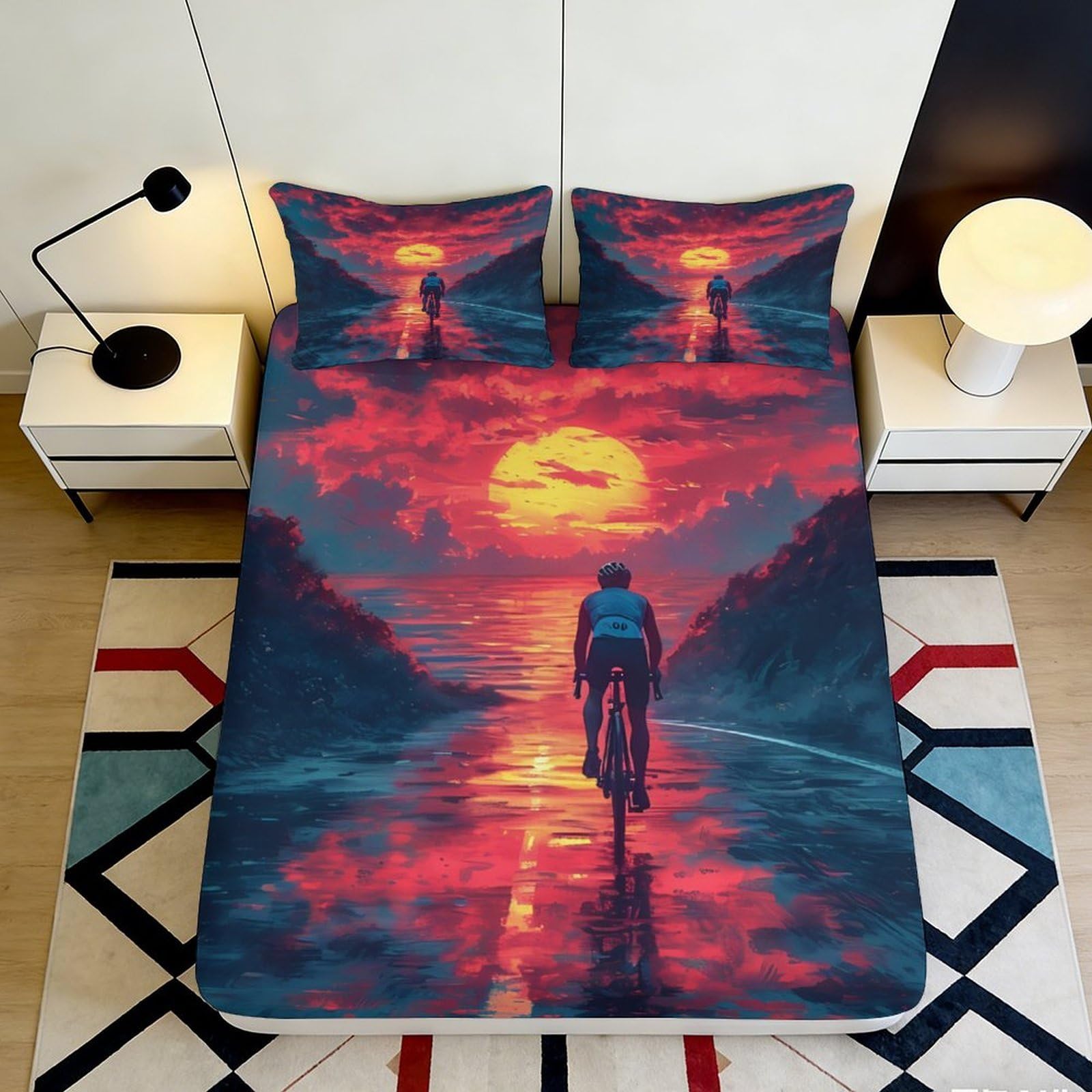 3D Printed Sunset Landscape Fitted Sheet Microfiber Soft Art Bedroom Decor River Cycling Mattress Cover 90x200x25cm