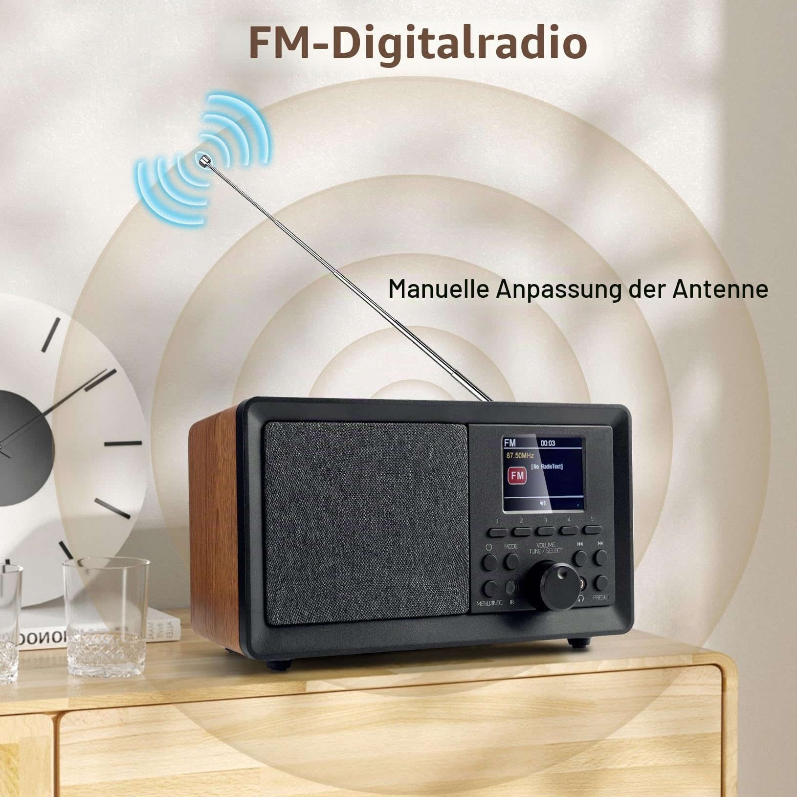 DAB Plus Radio/DAB+ mit Bluetooth 5.0 Digitalradio Nostalgieradios Tragbarer Retro Radio Holz AM/FM/UKW 2.4 Farbdisplay Küchenradio mit Fernbedienung Wecker Zweifacher (Holzmaserung)