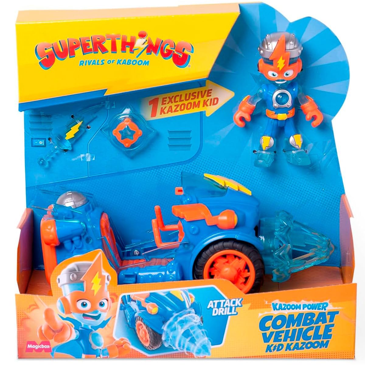 SUPERTHINGS KAZOOM POWER – Pojazd bojowy Kid Kazooma z animowanego serialu "Kazoom Power". Zawartość: 1 Combat Vehicle, 1 ekskluzywny Kid Kazoom, 1 broń i 1 akcesorium.
