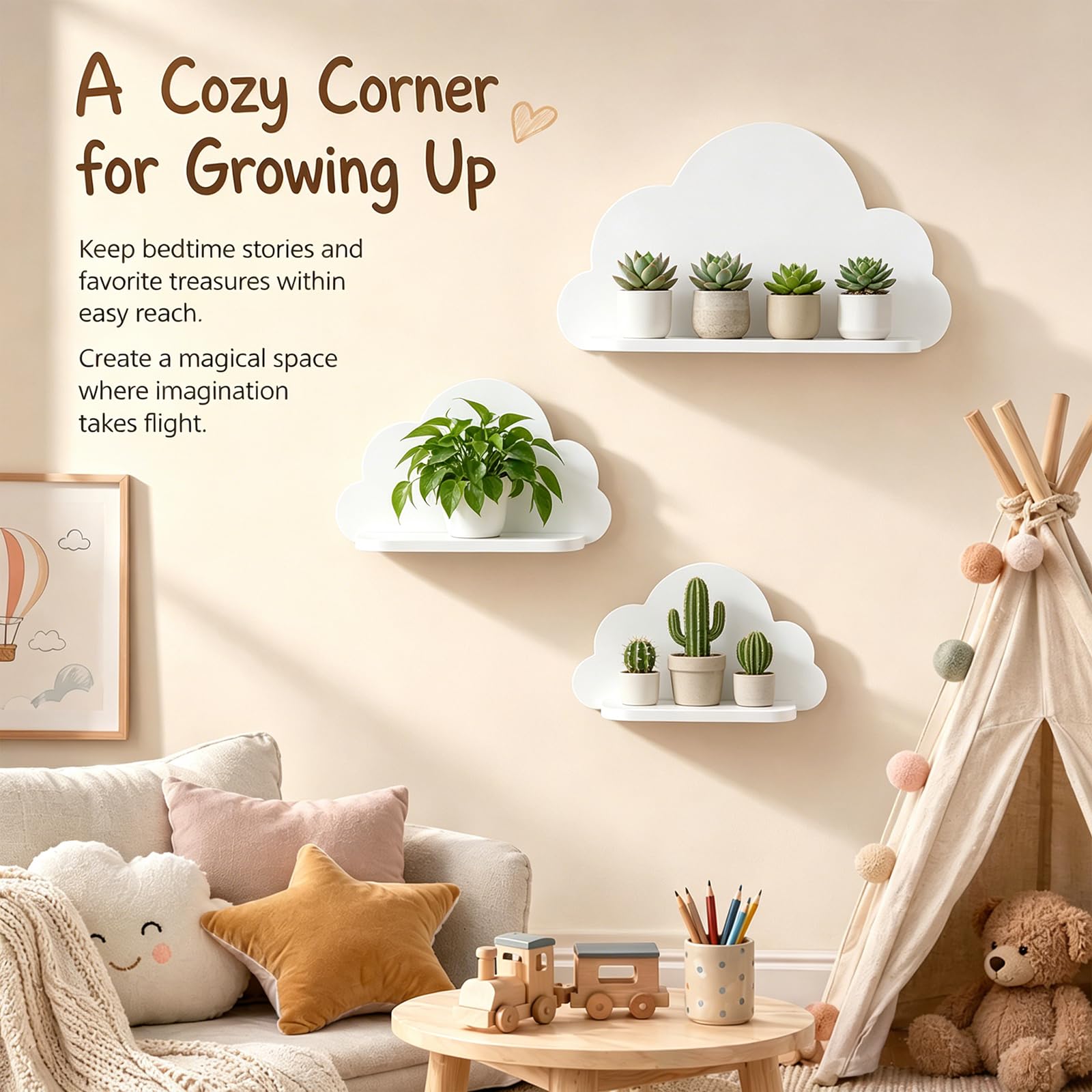 Kinderzimmer deko 3er Set Wandregal Wolke Niedlich, Aufbewahrung für Babyzimmer Kinderzimmer Junge Mädchen, für Bücher Spielzeug Figuren, Holz Weiß