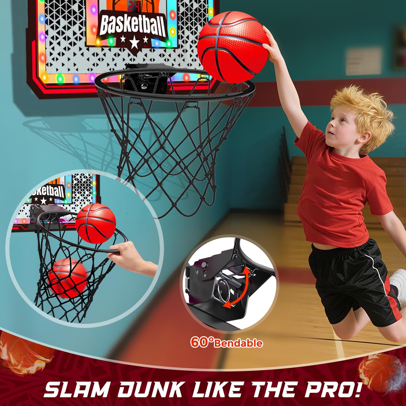 VATOS Aro de baloncesto para interiores, marcador de luz LED con control remoto, juego de baloncesto sobre la puerta, juguete de dormitorio para niños de 3 a 8 años