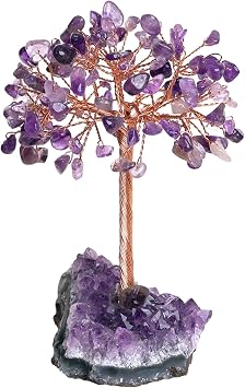 Natural Amethyst Crystal Tree with Raw Amethyst Geode Cluster Base for Reiki Healing, Feng Shui Stone Money Tree Bonsai Home Office Decoration