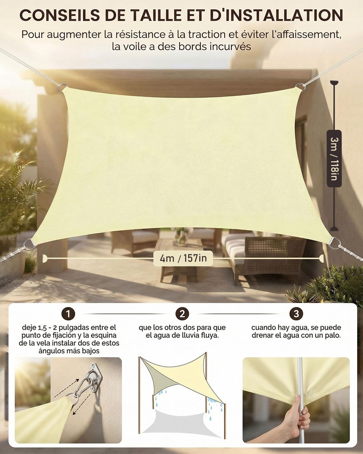 MOXTOYU Voile d'ombrage Imperméable Rectangulaire, Polyester PES avec 95% Protection UV, Résistant aux Intempéries et Durable, Toile Ombrage Exterieur pour Jardin, Extérieur - Crème - 3 x 4m
