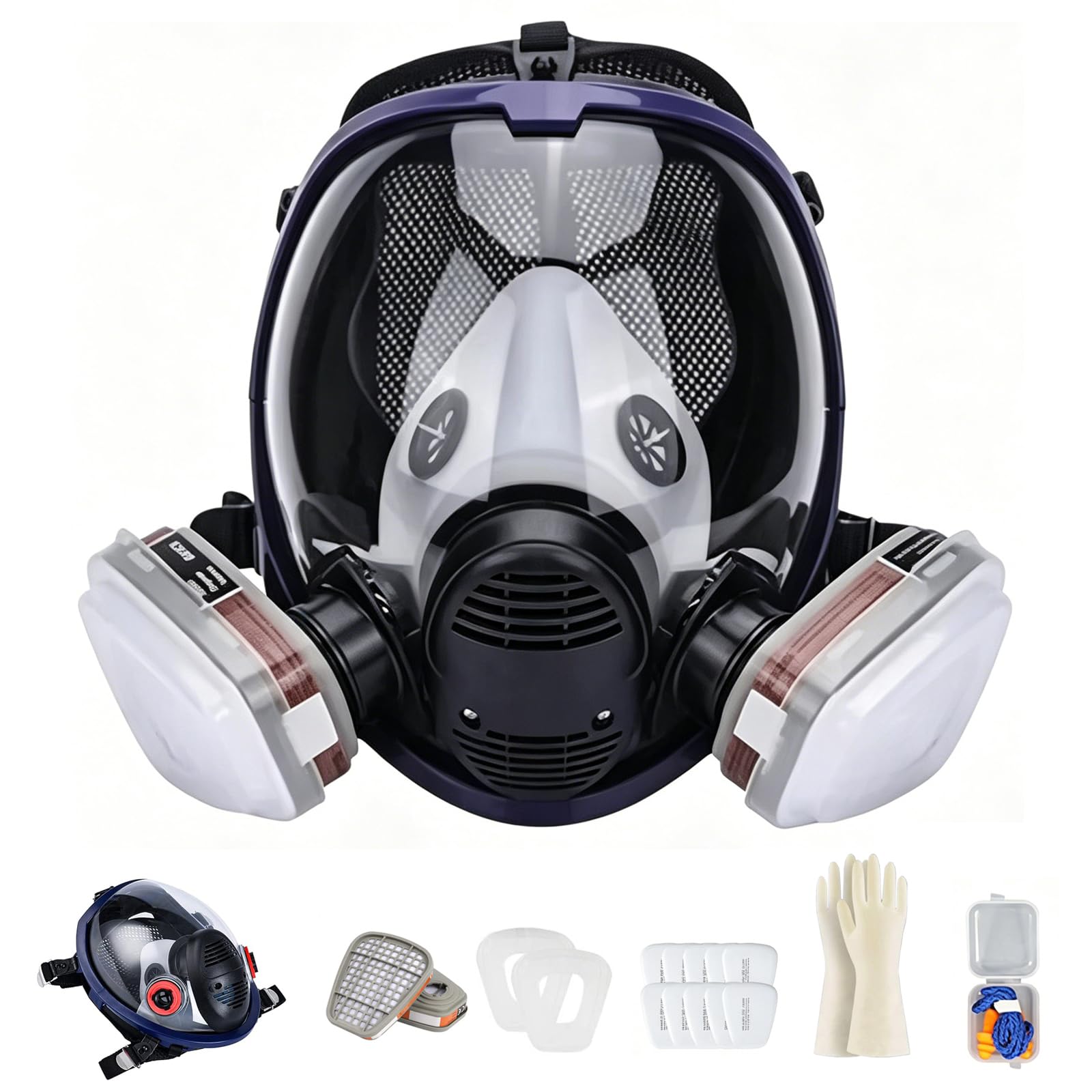 CERKAKITCH Full Face Cover Safety Dust Gas Face Cover with 10 Replaceable Filter Cotton and 1 Pairs of Gloves for Spray Painting, Chemical, Sanding, Building Work, and Fine Gas Dust (RM78)