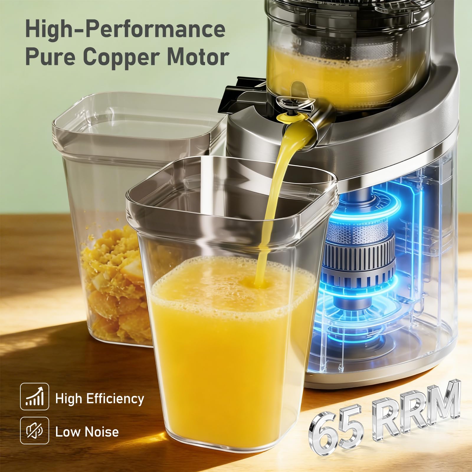 Extractor de Zumo Profesional 120mm, Exprimidor Eléctrico Lento 65RPM con Tritan(Libre de BPA), Slow Juicer 2.3L de Gran Capacidad para Frutas y Verduras - Máximo Nutriente, Incluye Cepillo