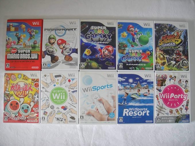 Amazon Co Jp 豪華4人で遊べるセットwii本体一式 ソフト10本 マリオカート太鼓の達人含む人気ソフト リモコンプラスハンドルタタコン等 ゲーム