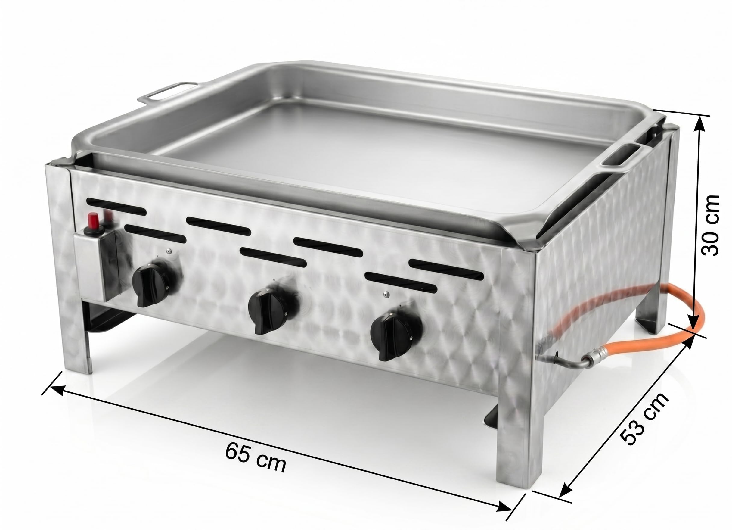 3-Flammiger Profi Gasgrill Edelstahl – stufenlos regelbarer Gastrobräter mit Gasschlauch & Druckminderer (11 kW | Grillpfanne Stahl)