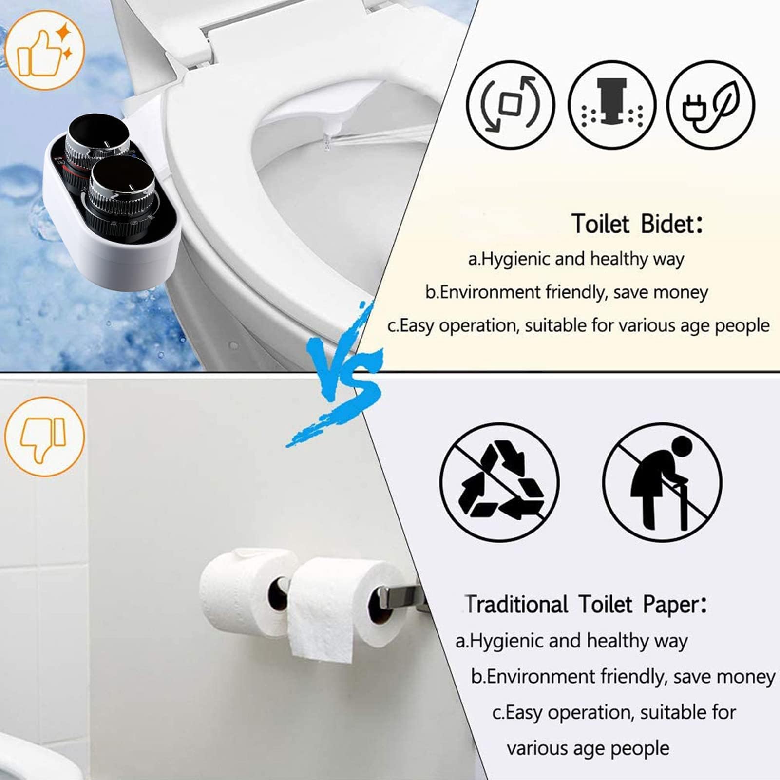 Pulverizador Bidé Doble Boquilla Accesorio Inodoro con Interruptores de Perilla Control Presión Ajustable Agua Limpieza Higiene Personal Baño Conexión 3/8 Europa