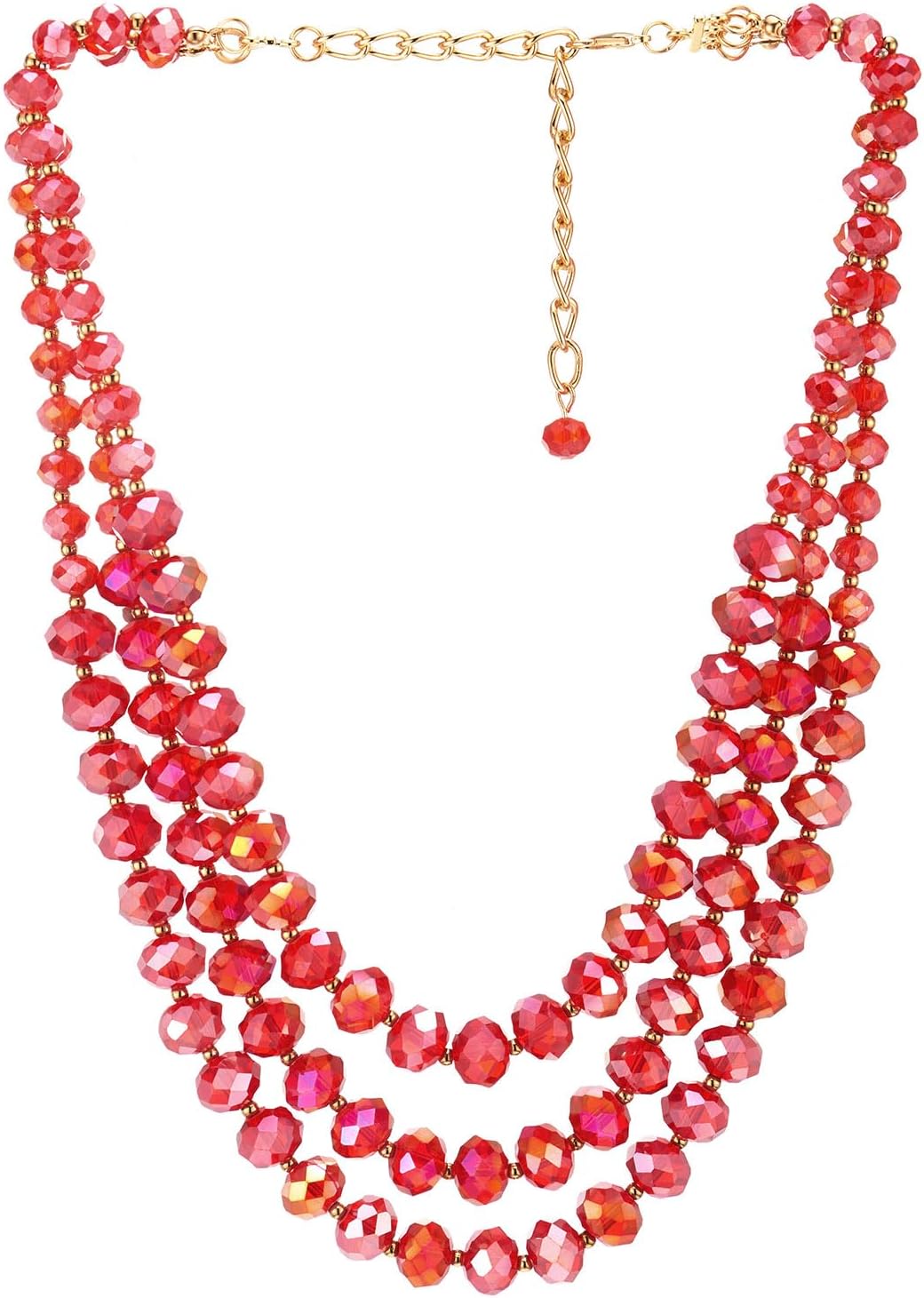 COOLSTEELANDBEYOND Crystal Beads Statement Necklace, Three-strand Layered Necklace, Waterfall