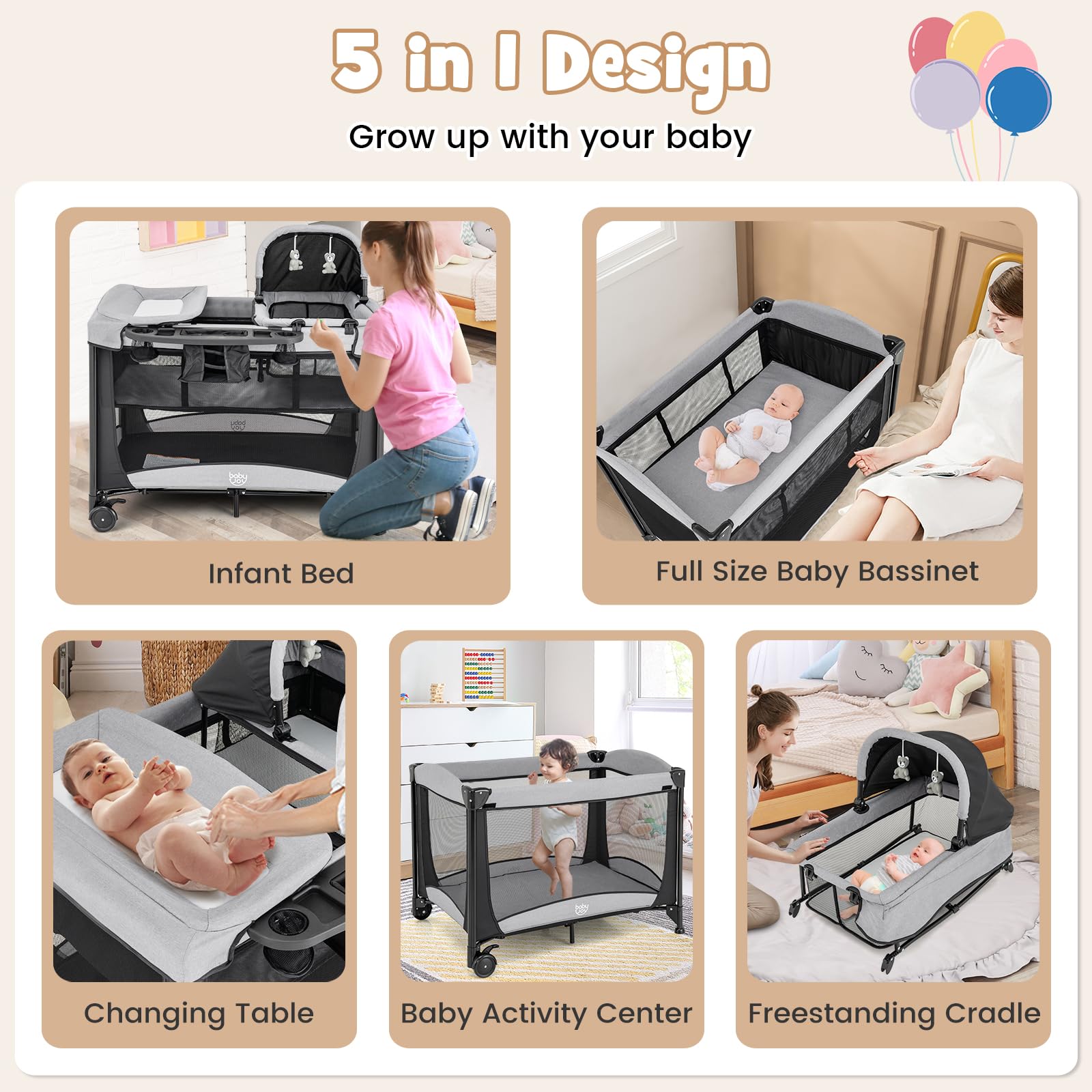 FANTASK Lit de Voyage Pliable 5 en 1 avec Matelas à Langer - Matelas épais - 2 Niveaux - avec Sac de Transport - Charge maximale : 15 kg - Noir