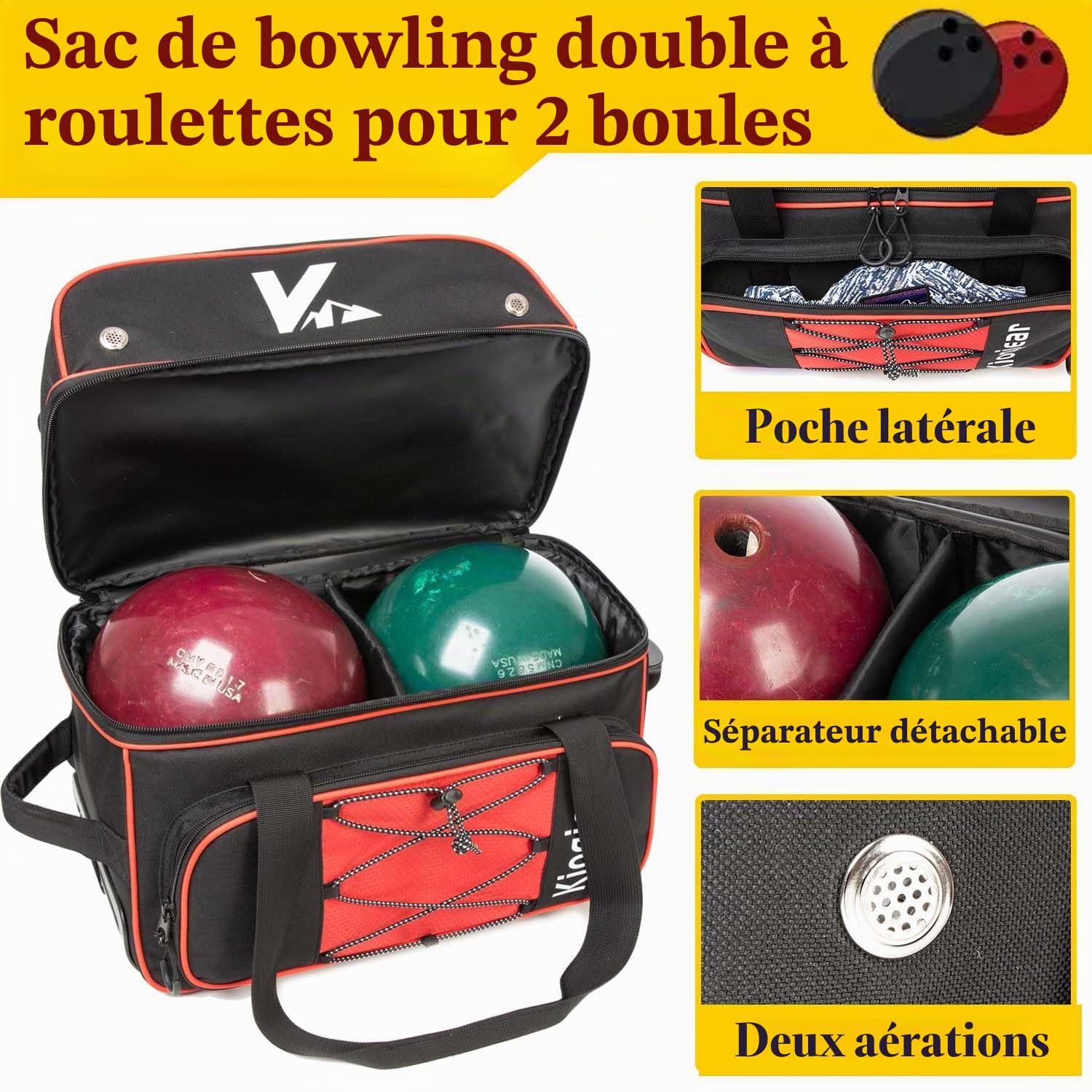 Sac de bowling à double rouleau avec 2 balles avec grand compartiment séparé pour chaussures et poche pour accessoires surdimensionnée, poignée extensible de 91,4 cm.