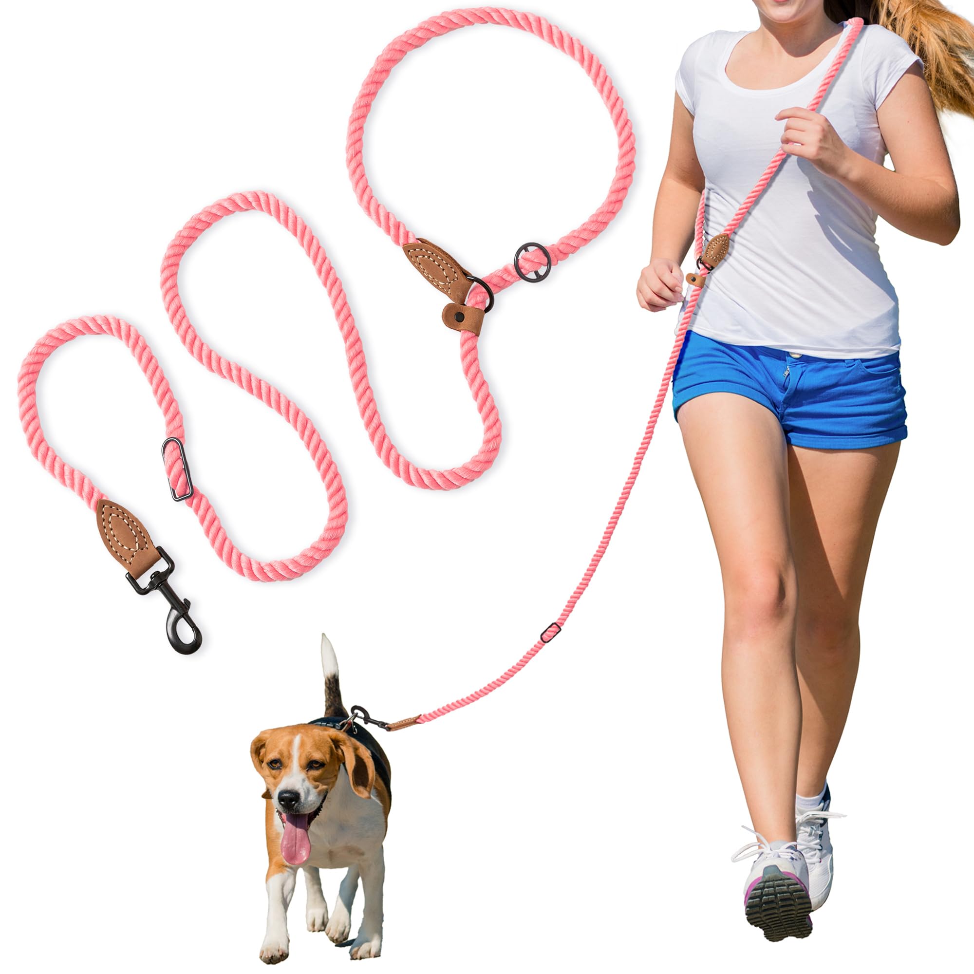 Mile High Life Hands Free Dog Leash, Crossbody Waist Leash with Genuine Leather Connection, Multifunctional Adjustable Slip Lead for Dog Walking Running (Coral Red, 7FT)