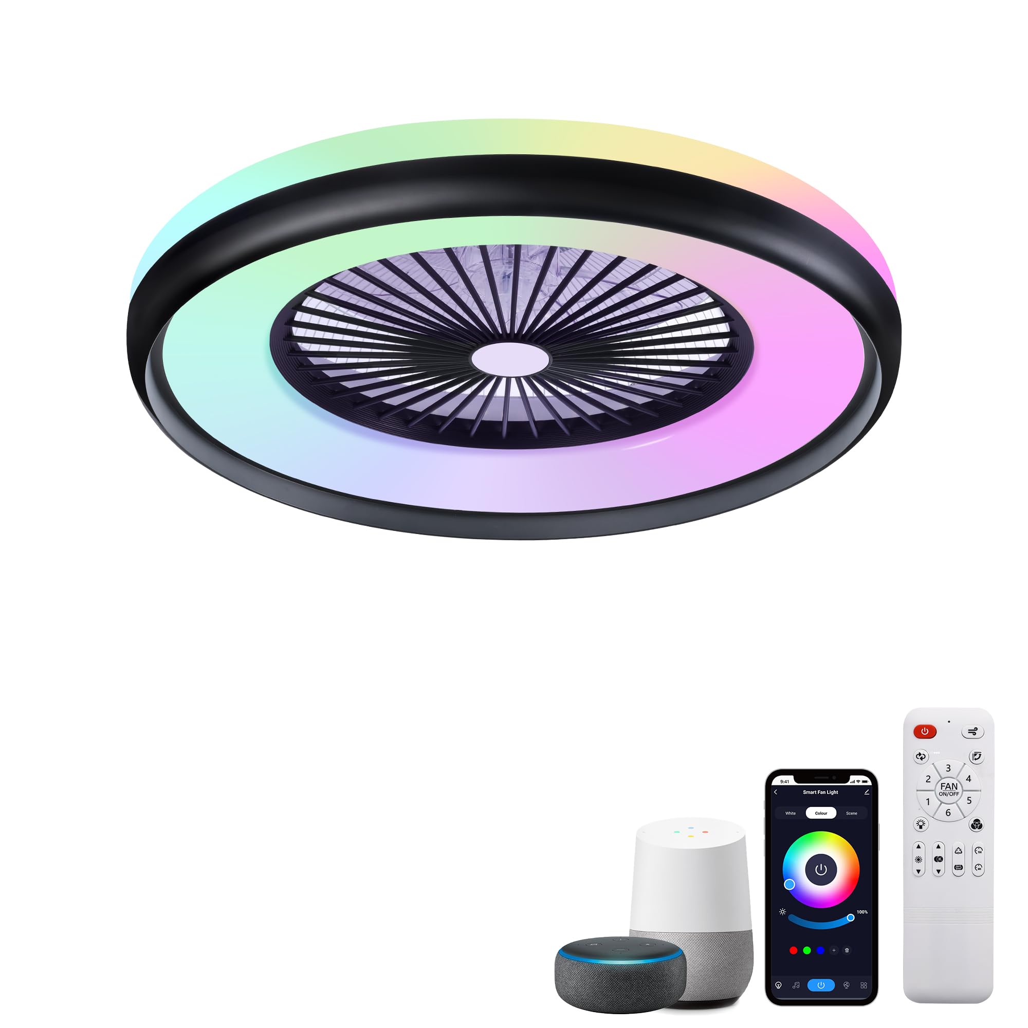 24" Bladeless Ceiling Fans with RGB Light, Low Profile Ceiling Fan with Light, Smart Modern Ceiling Fan with App/Remote/Voice Control, 3 Dimmable LED Light for Bedroom, Living Room Black