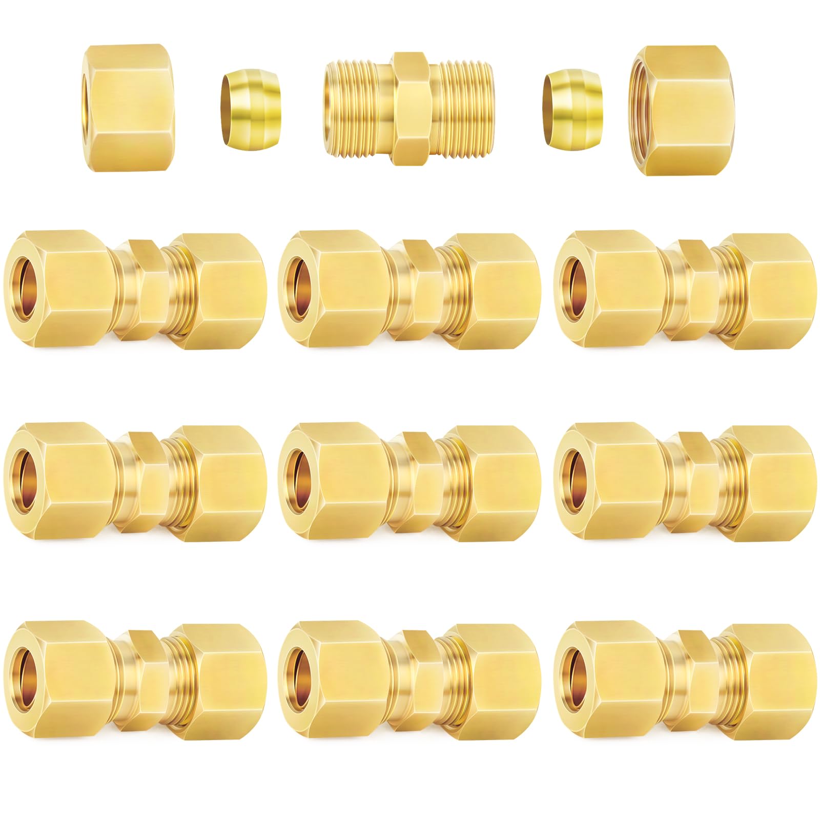 ChillWaves Brass Compression Tube Fitting, 1/4" OD x 1/4" OD Compression Union Connector(10-PACK)