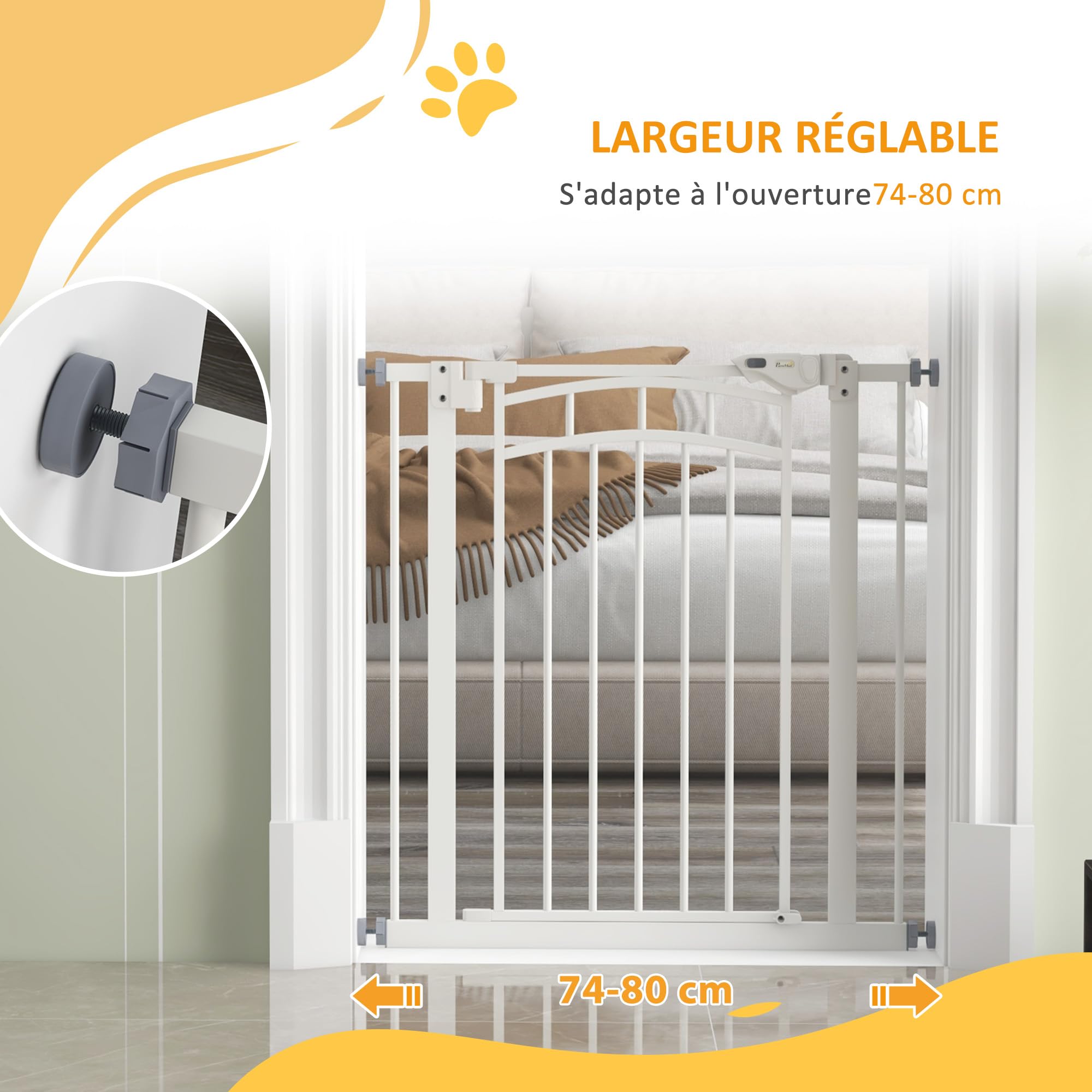 PawHut - Barrera de Seguridad para Perro Extensible (74-80 cm, Doble Cerradura, Cierre automático, Barrera de Escalera de fijación por presión sin Taladro, Altura 76 cm, Color Blanco | Doble bloqueo, cierre automático, barrera de escalera de fijación por