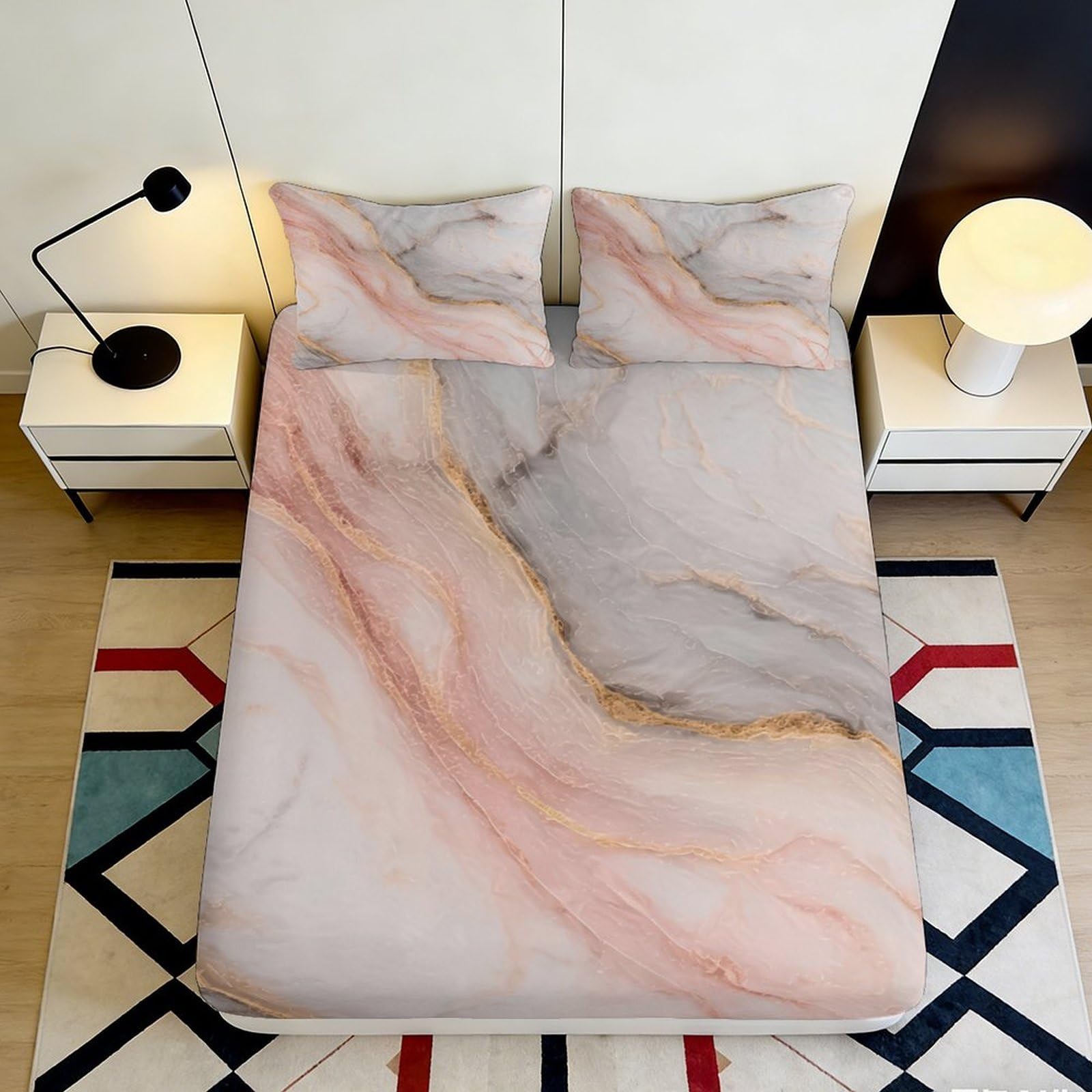 3D Printed Pink Marble Fitted Sheet Microfiber Soft Bed Sheet Gold Vein Pattern Bedroom Dorm Mattress Cover 120x200cm 160x200x25cm