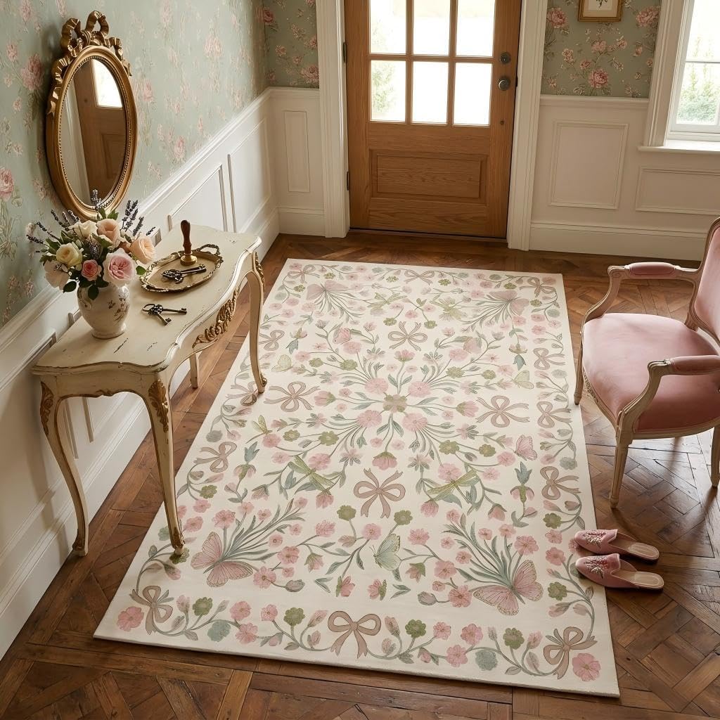 6x9 Area Rug for Living Room，Boho Pink and Green Floral Butterfly Bow Rugs，Non-Slip Washable Foldable Bedroom，Dining Room