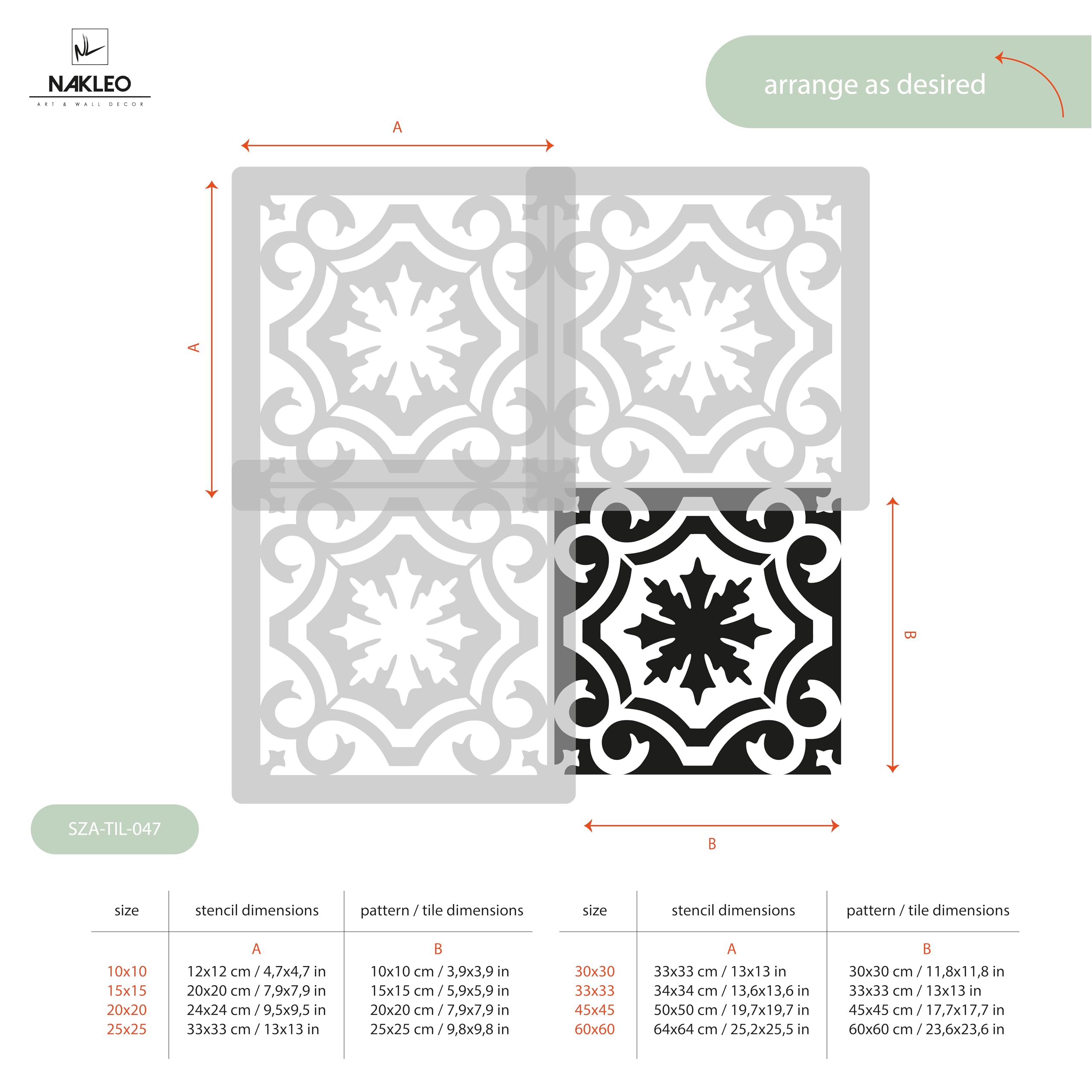 NAKLEO Stencil per Piastrelle per Pittura 60x60cm, Badajoz Classico Romano Retrò, Grande Modello Geometrico Plastica e Riutilizzabile, Fai Da Te Decorazioni Casa, Pavimento Muro Legno